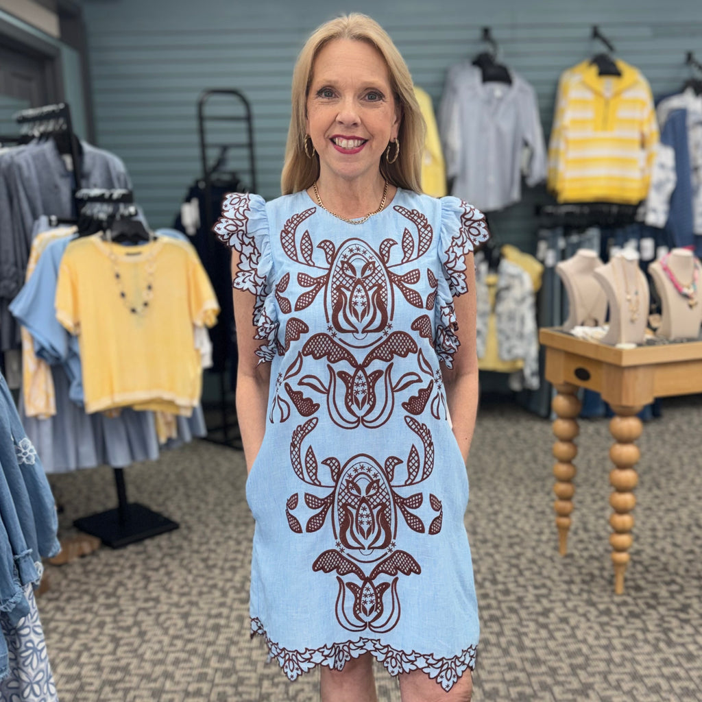 Flutter Sleeves Embroidery Detail Dress