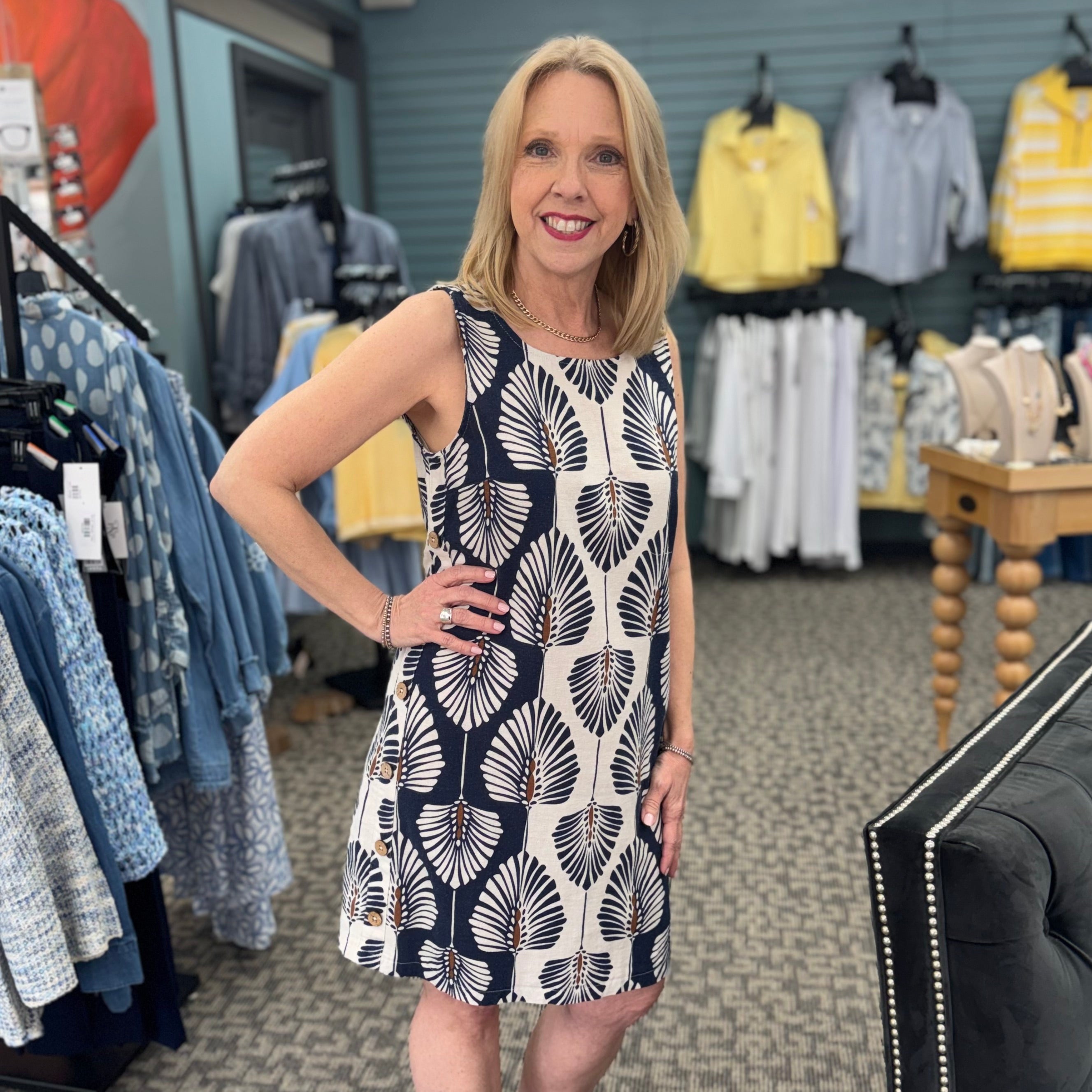 Printed Sleeveless Shift Dress with Decorative Side Button