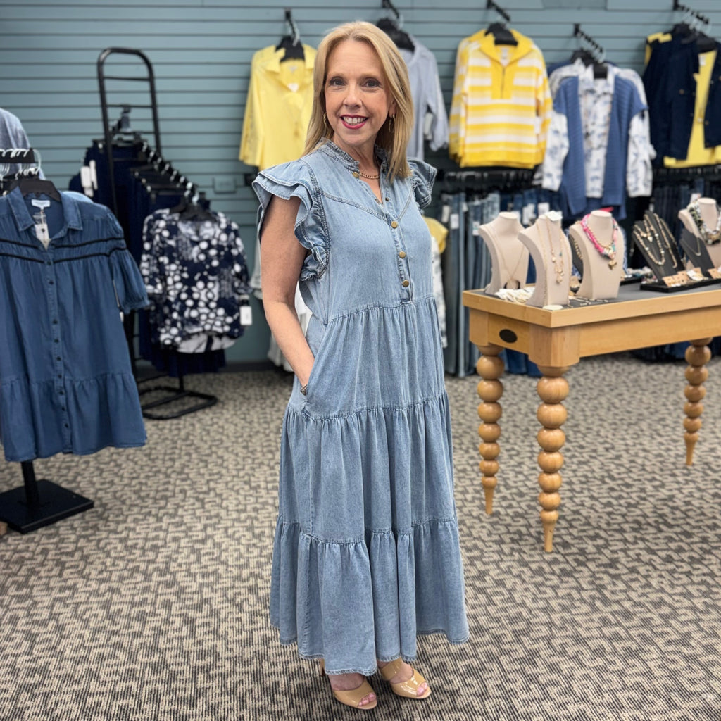 Snow Washed Tiered Ruffle Maxi Dress