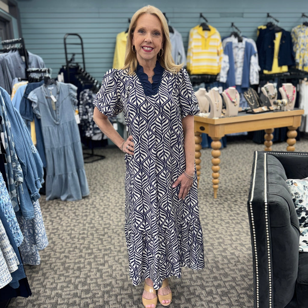 Leaf Print Ruffle Neck Maxi Dress