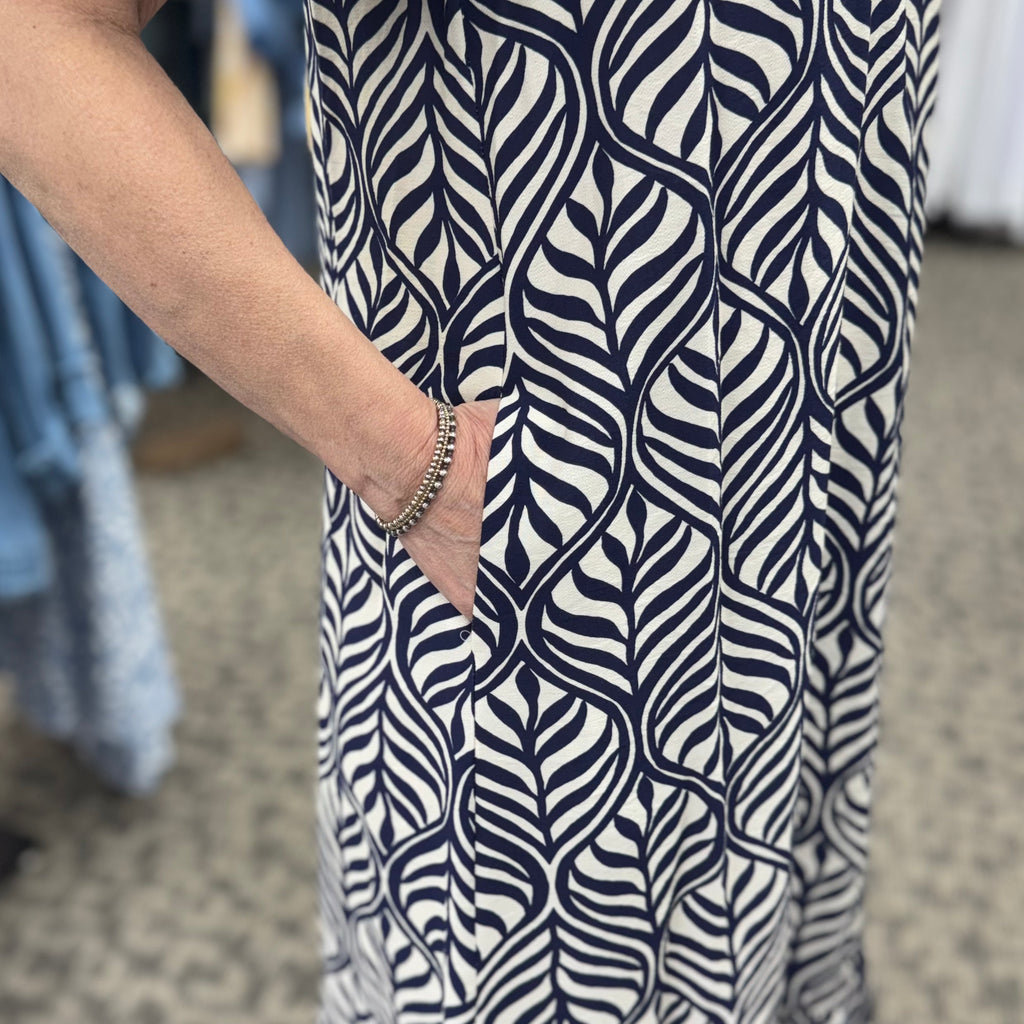 Leaf Print Ruffle Neck Maxi Dress