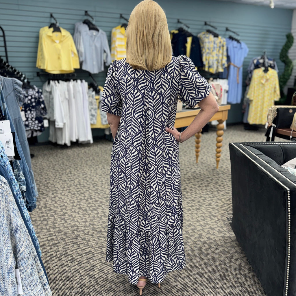 Leaf Print Ruffle Neck Maxi Dress