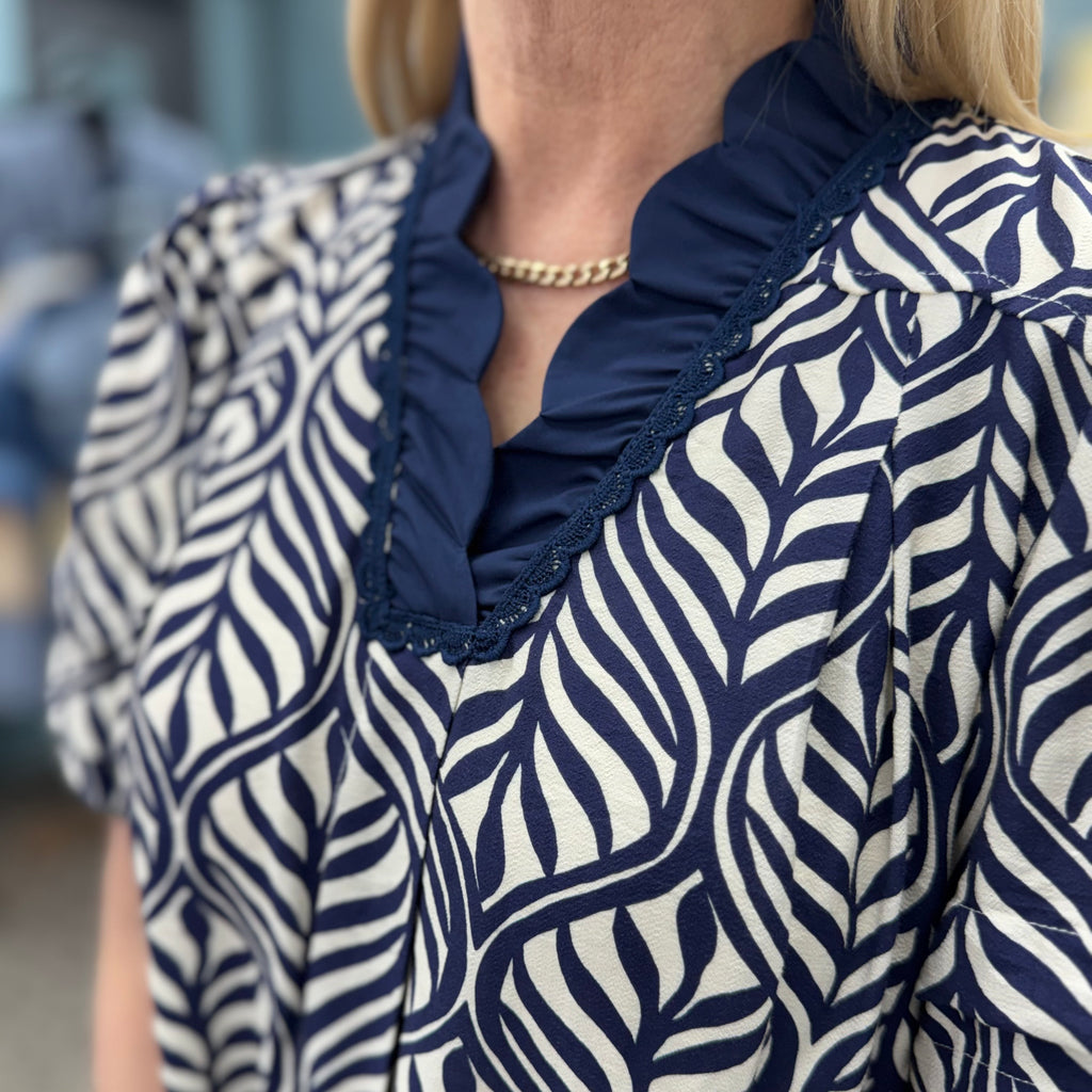 Leaf Print Ruffle Neck Maxi Dress