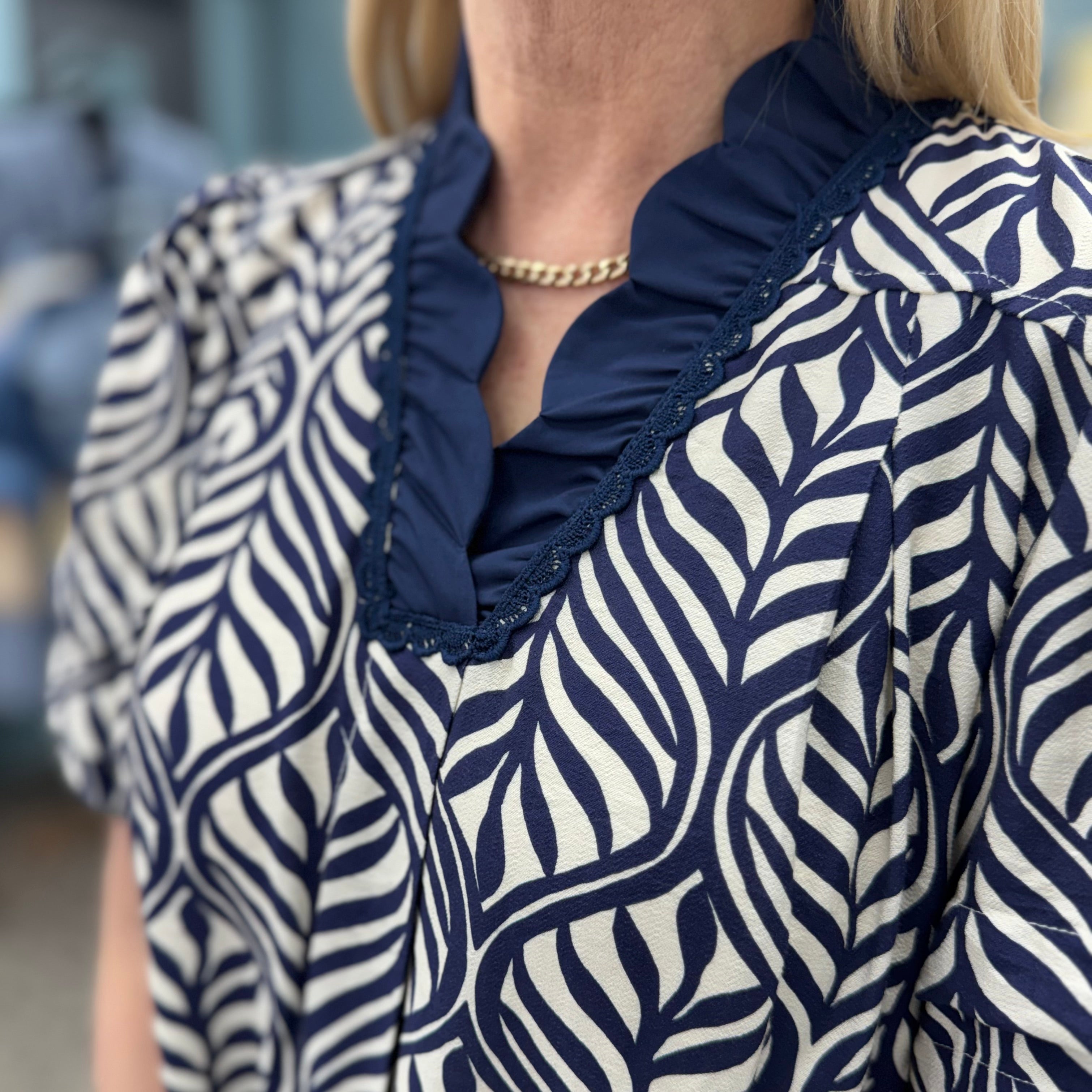 Leaf Print Ruffle Neck Maxi Dress