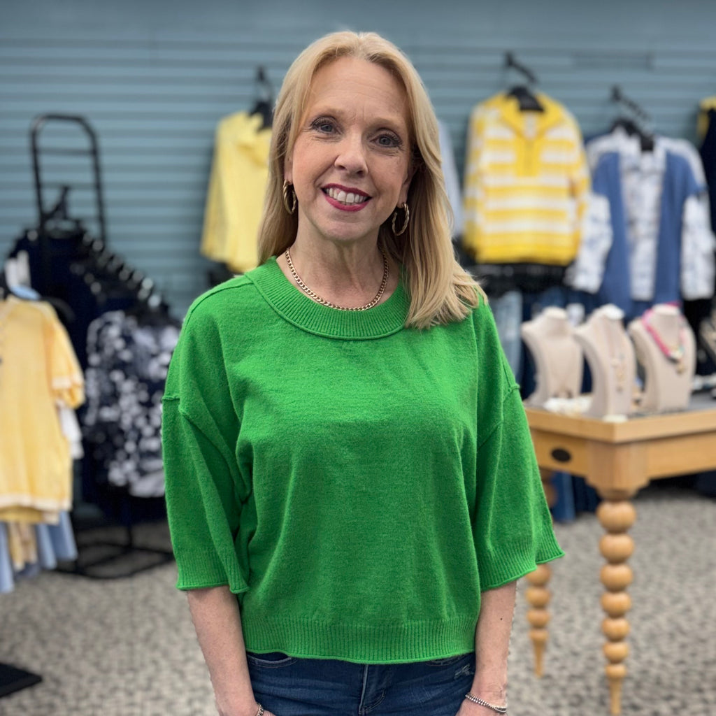 Solid Sweater Knit 3/4 Wide Sleeve Pullover