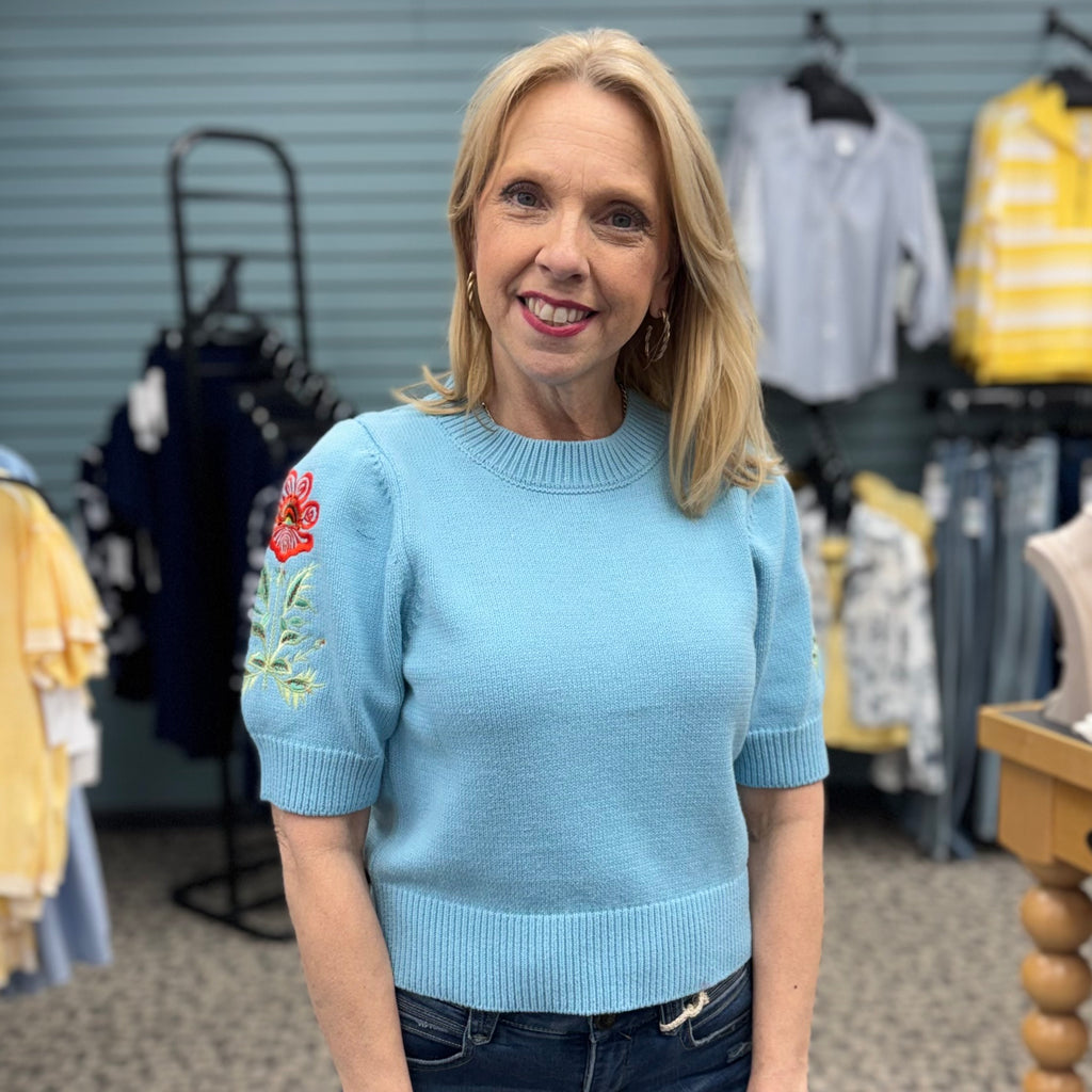 Solid Puff Sleeve Embroidered Knit Top