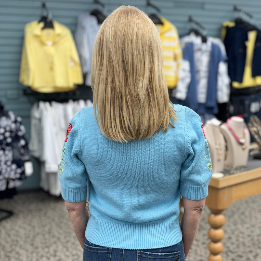 Solid Puff Sleeve Embroidered Knit Top