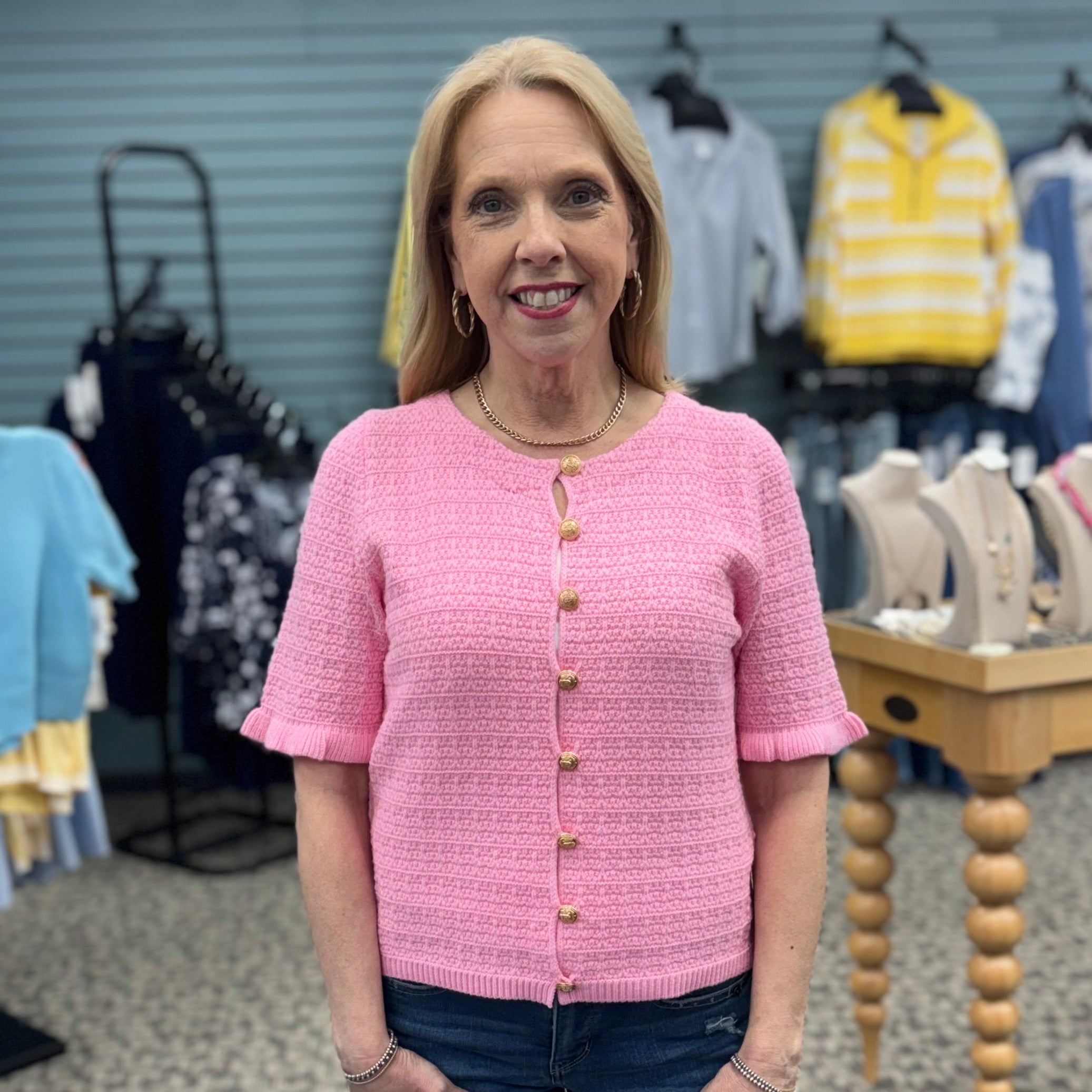 Short Sleeve Button Down Knitted Top