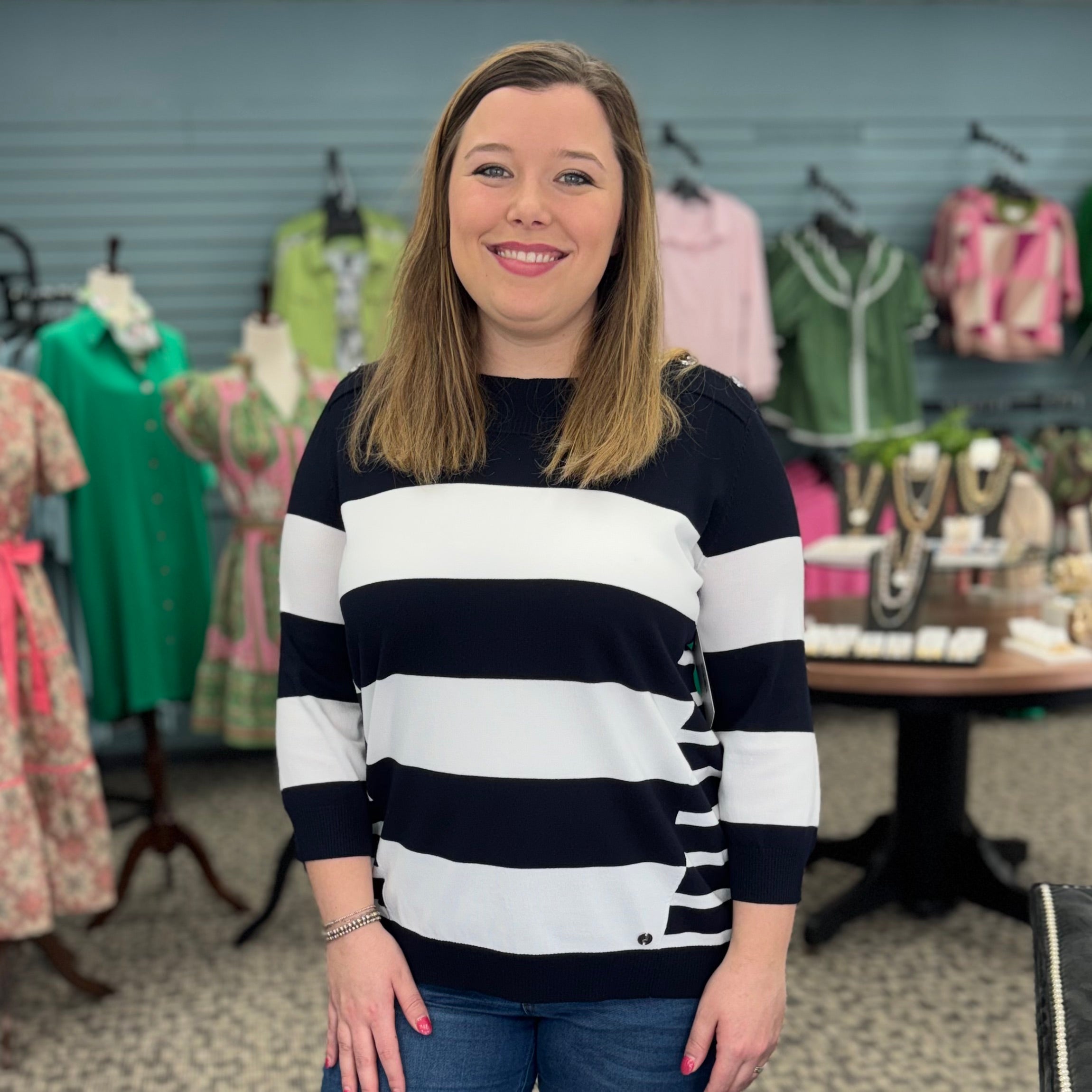 Viscose Blend Stripe Print Long Sleeve Sweater with Boat Neckline