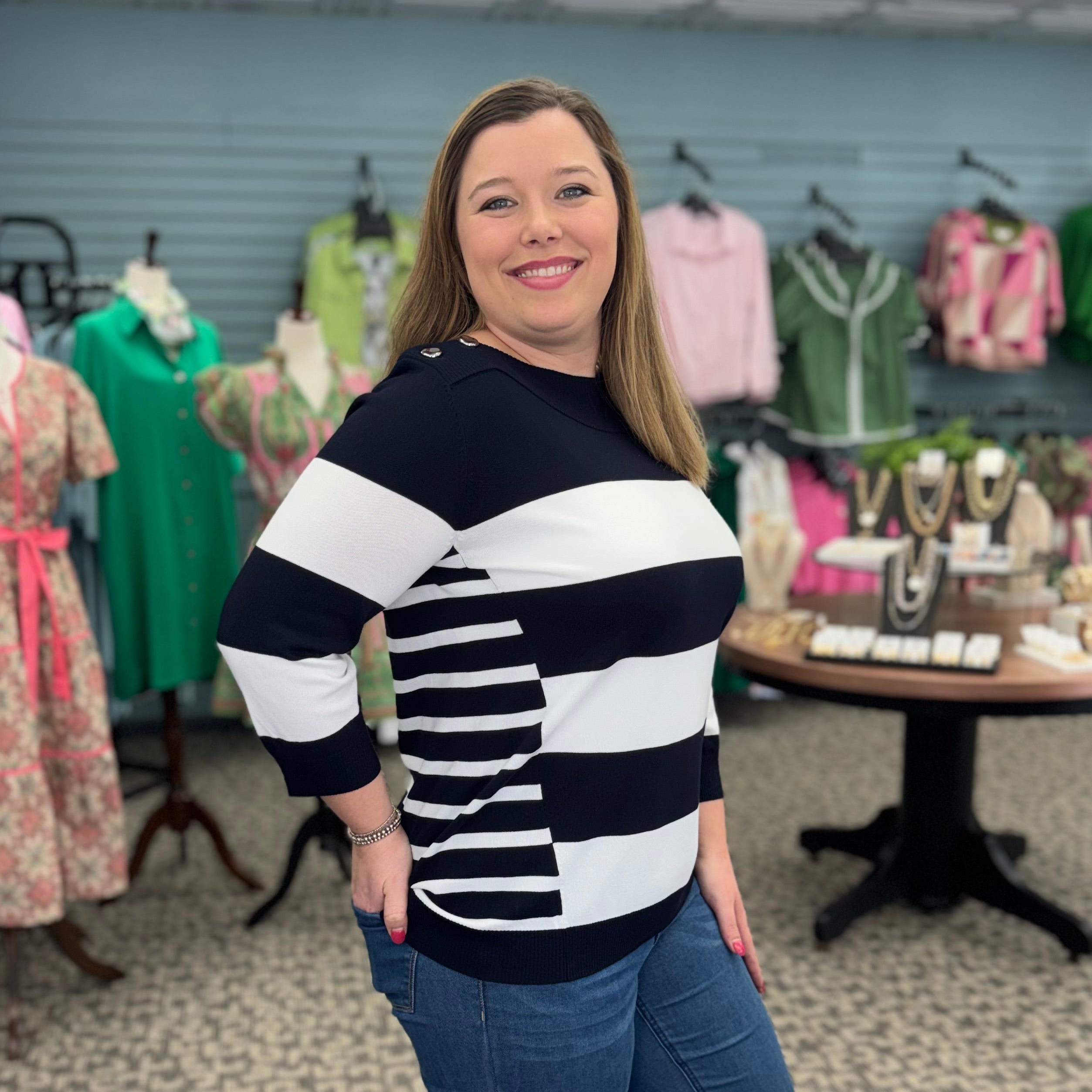 Viscose Blend Stripe Print Long Sleeve Sweater with Boat Neckline