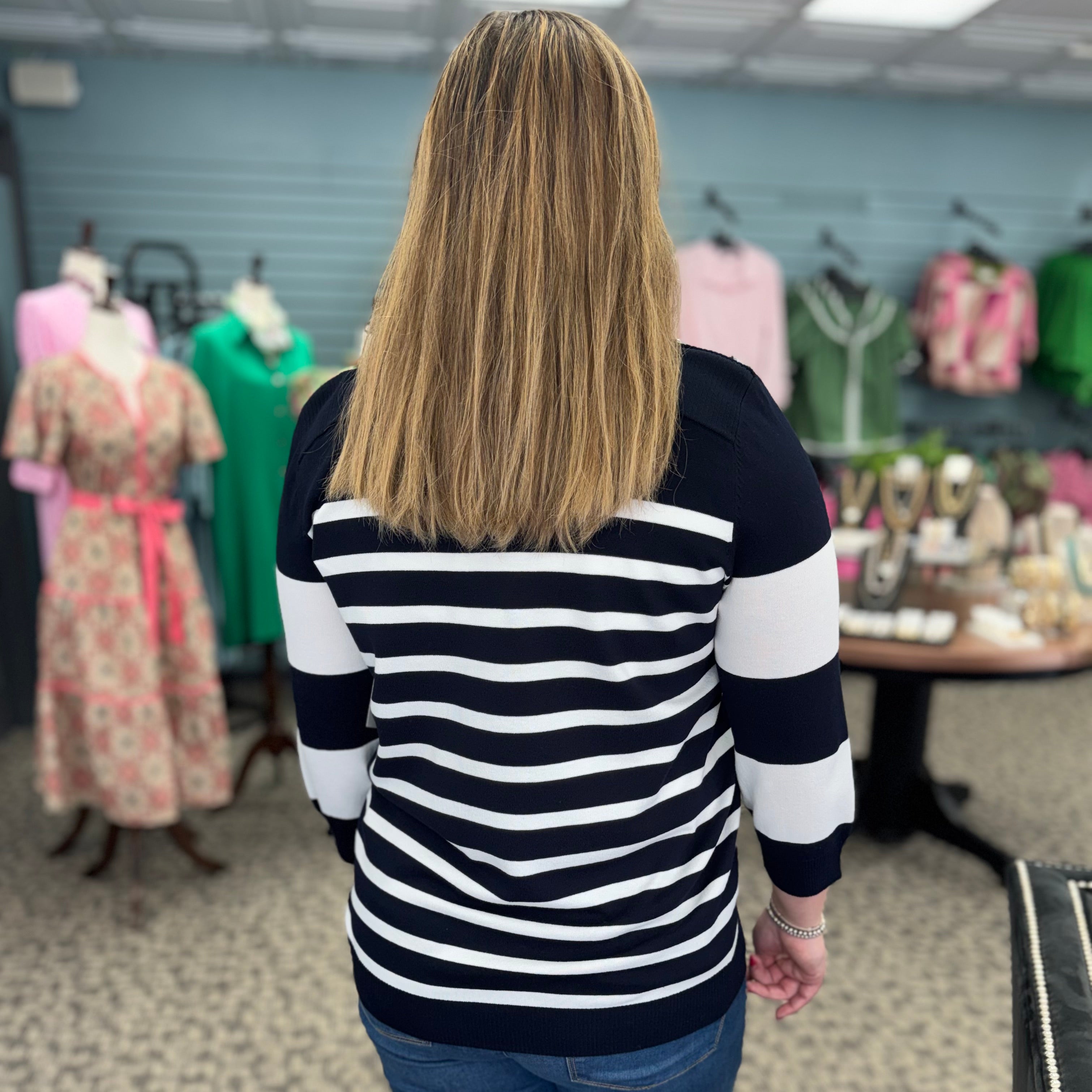 Viscose Blend Stripe Print Long Sleeve Sweater with Boat Neckline