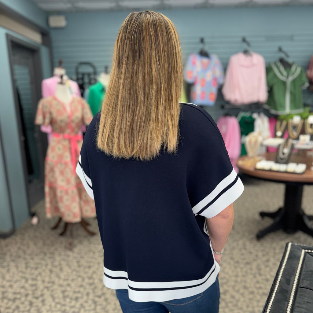 Viscose Blend Boxy Sweater with Stripe Detail