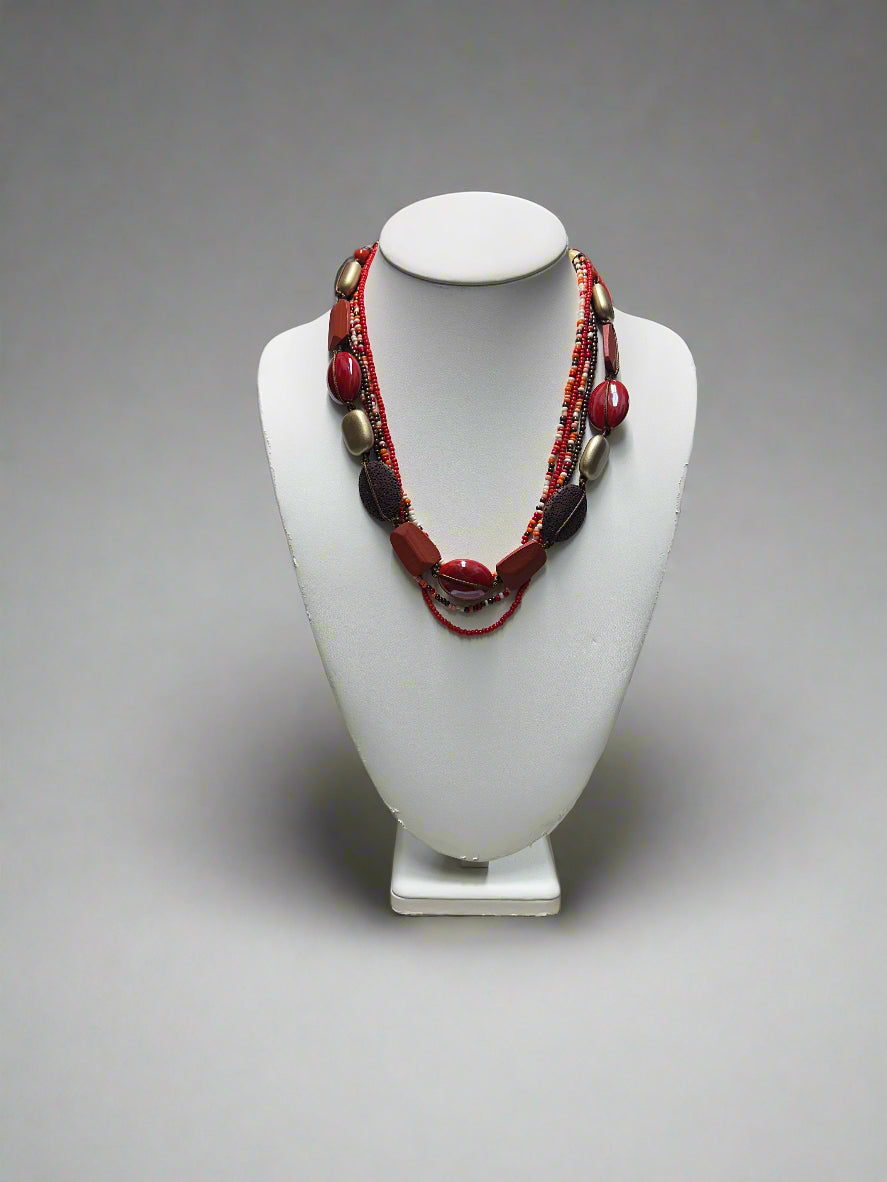Red, Brown and Gold Beaded Necklace