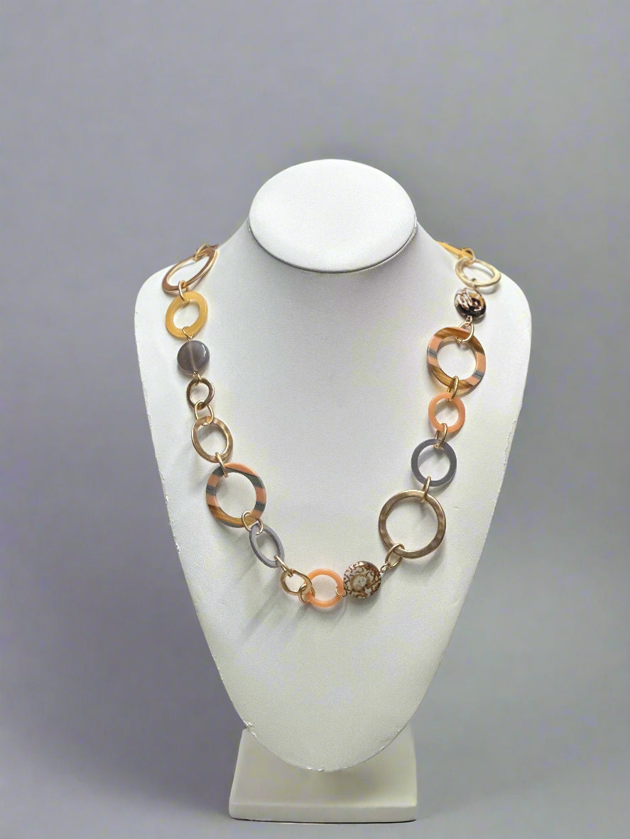 Long Lucite/Acrylic and Metal Circles Chain Link Necklace