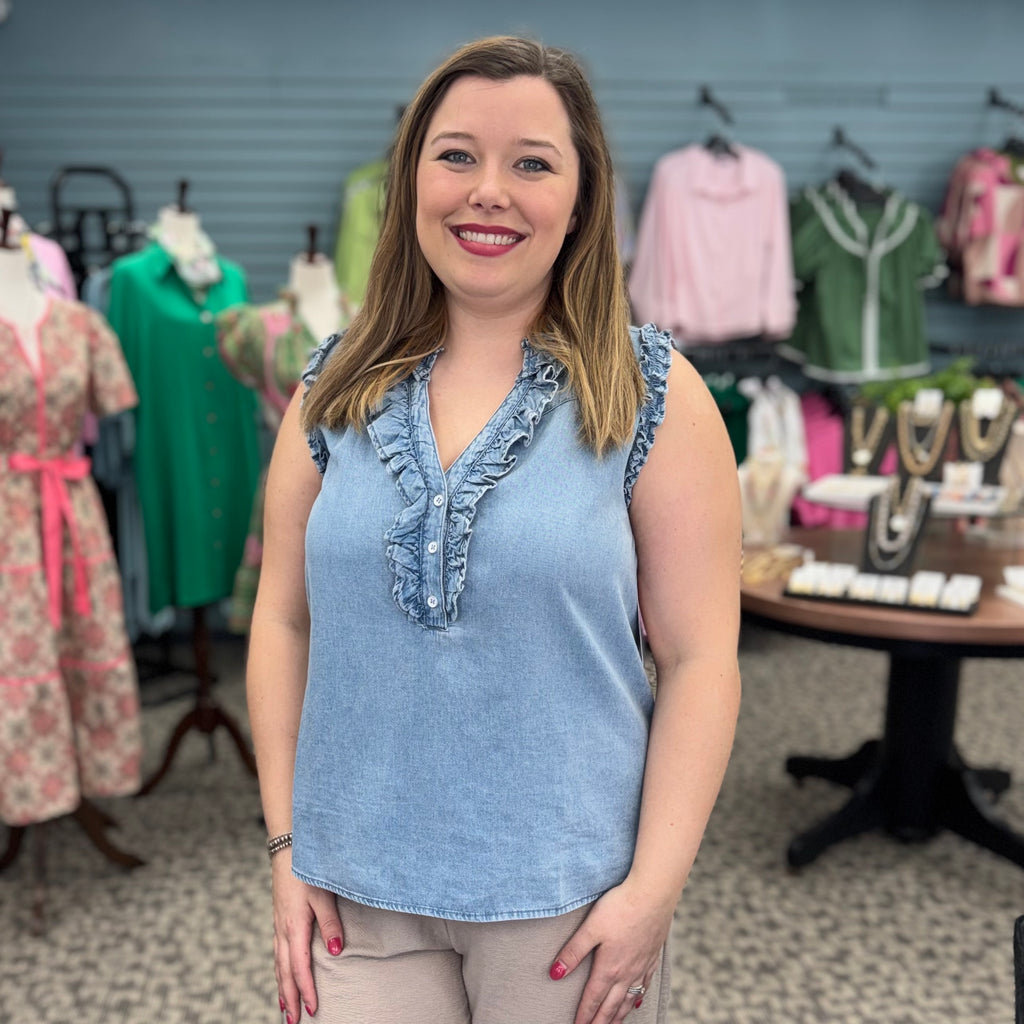 Snow Washed Ruffle Edge Sleeveless Top