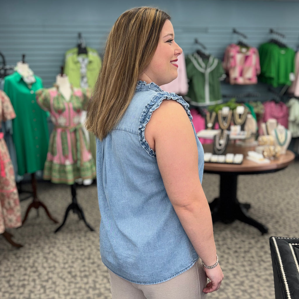 Snow Washed Ruffle Edge Sleeveless Top