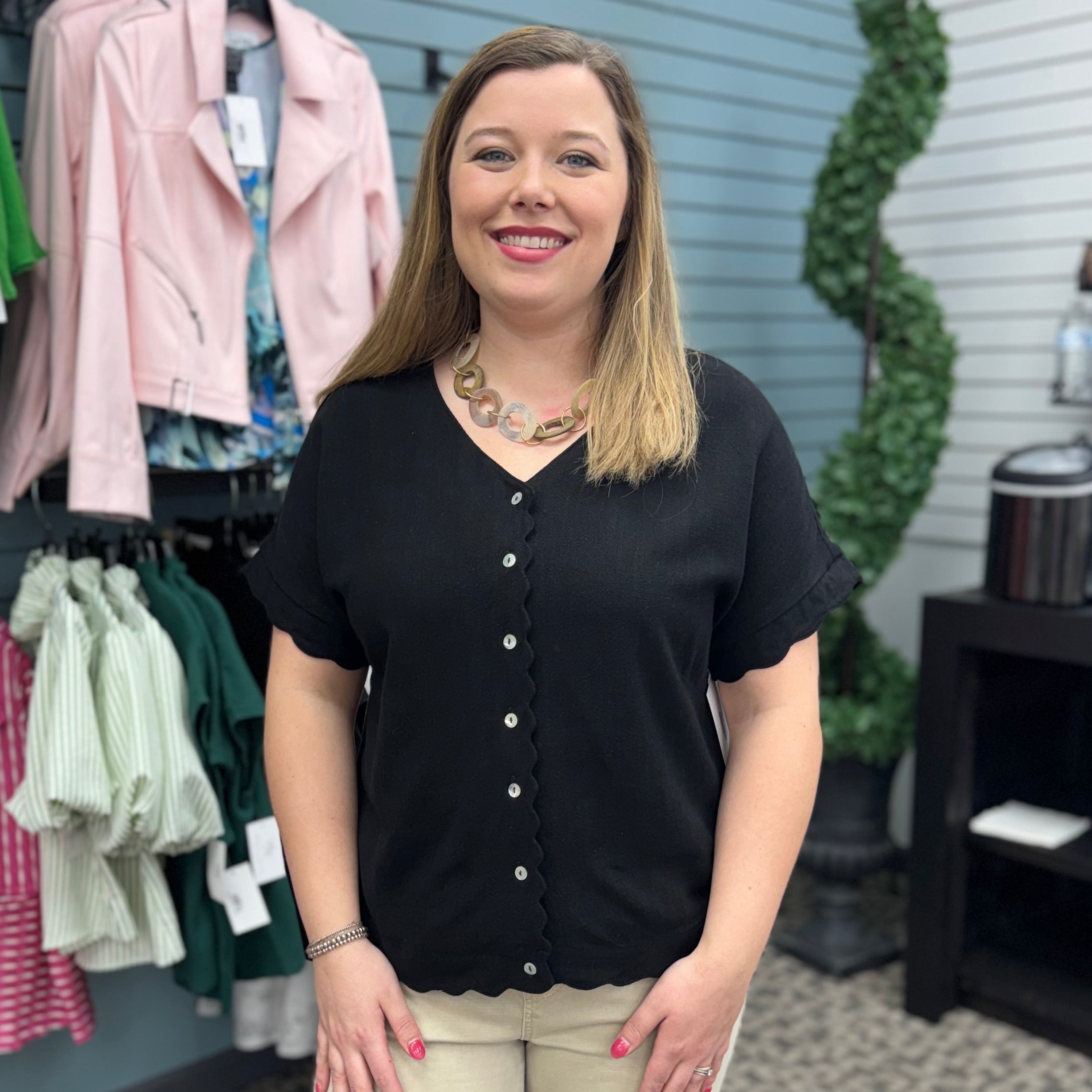 Linen Scallop Button Front Top