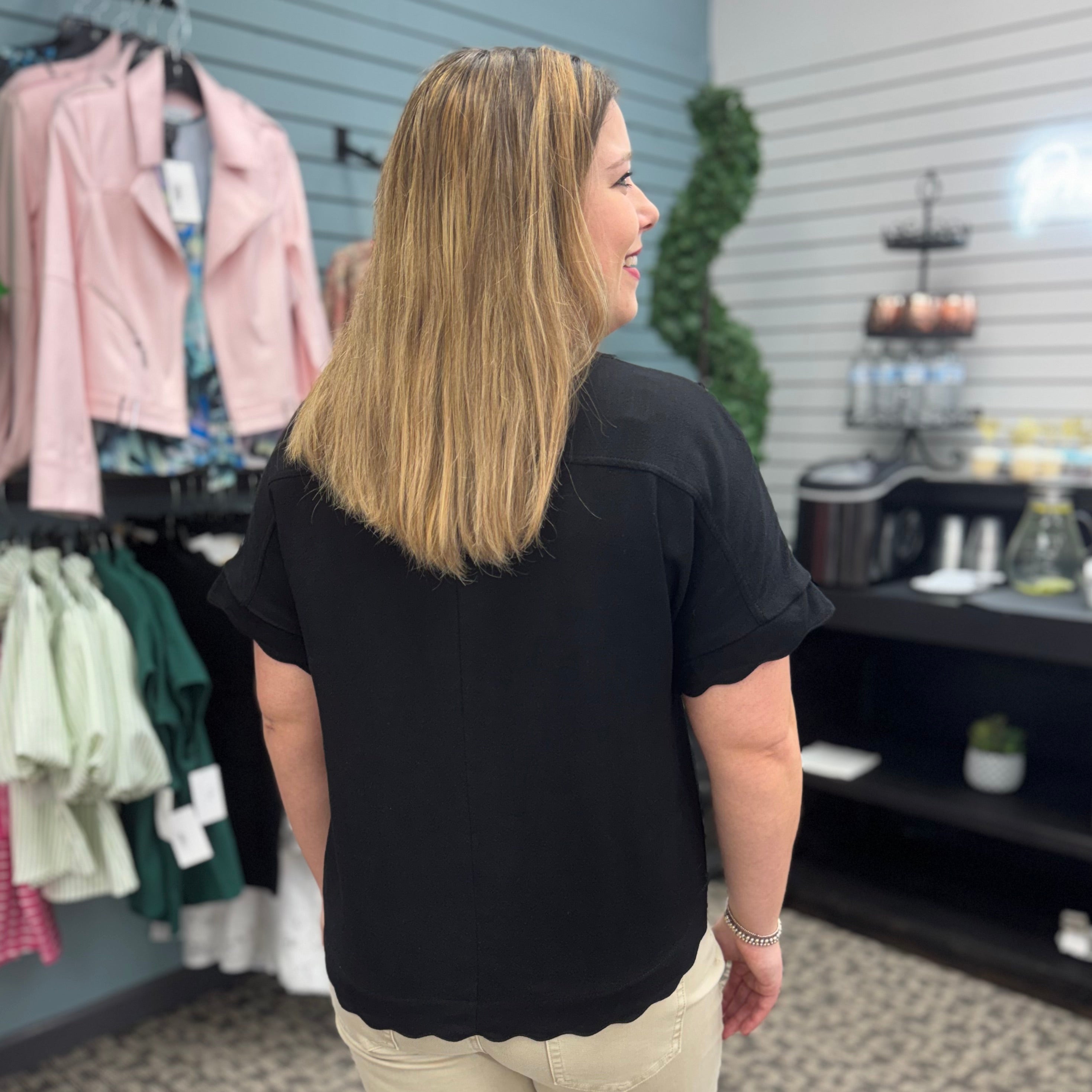 Linen Scallop Button Front Top