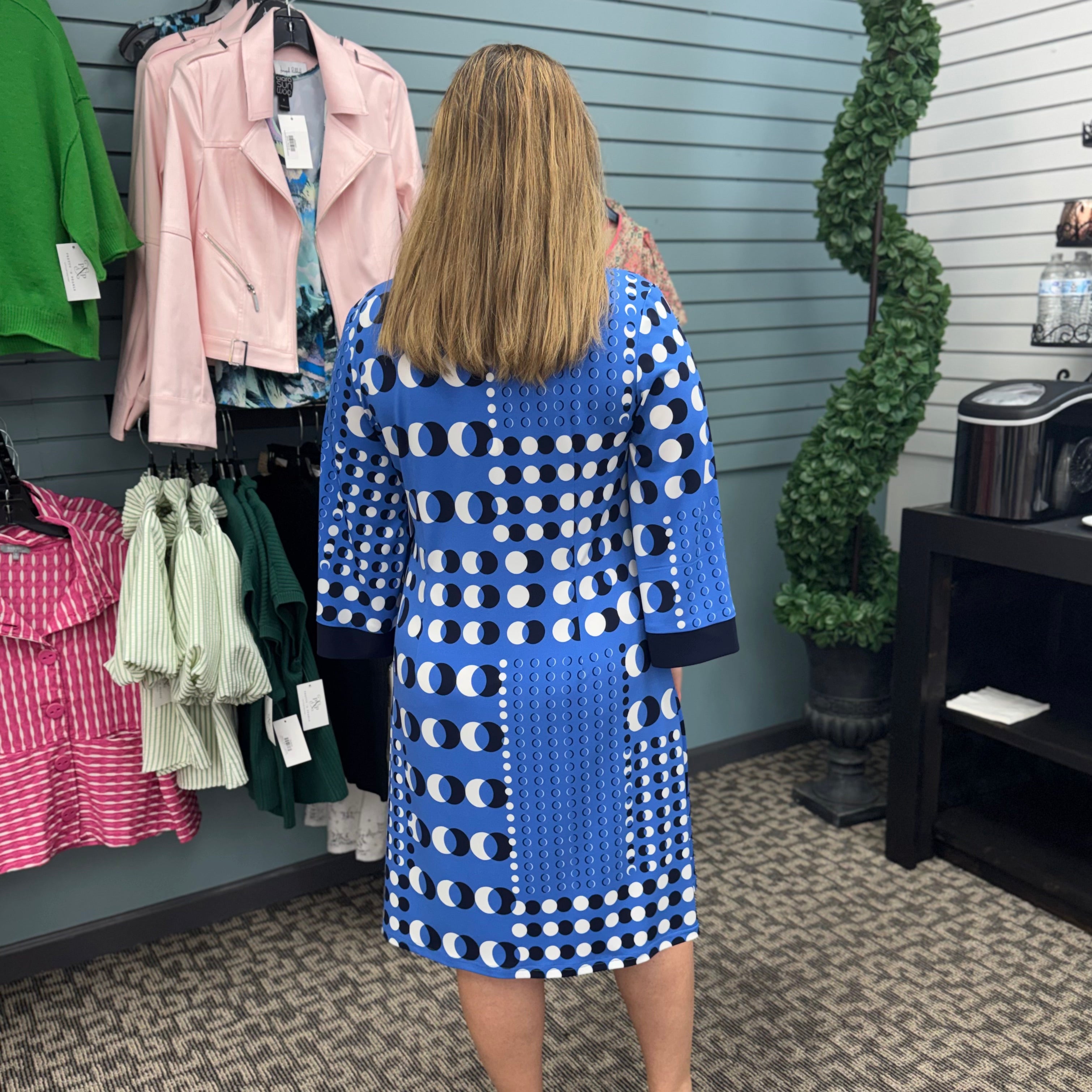 Silky Knit Dot Print Shirt Dress w/ Contrast Collar & Cuffs