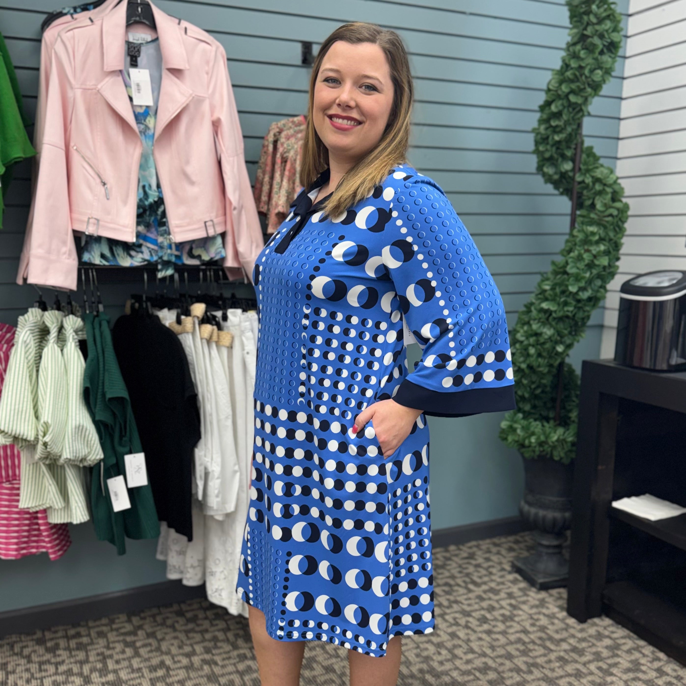 Silky Knit Dot Print Shirt Dress w/ Contrast Collar & Cuffs