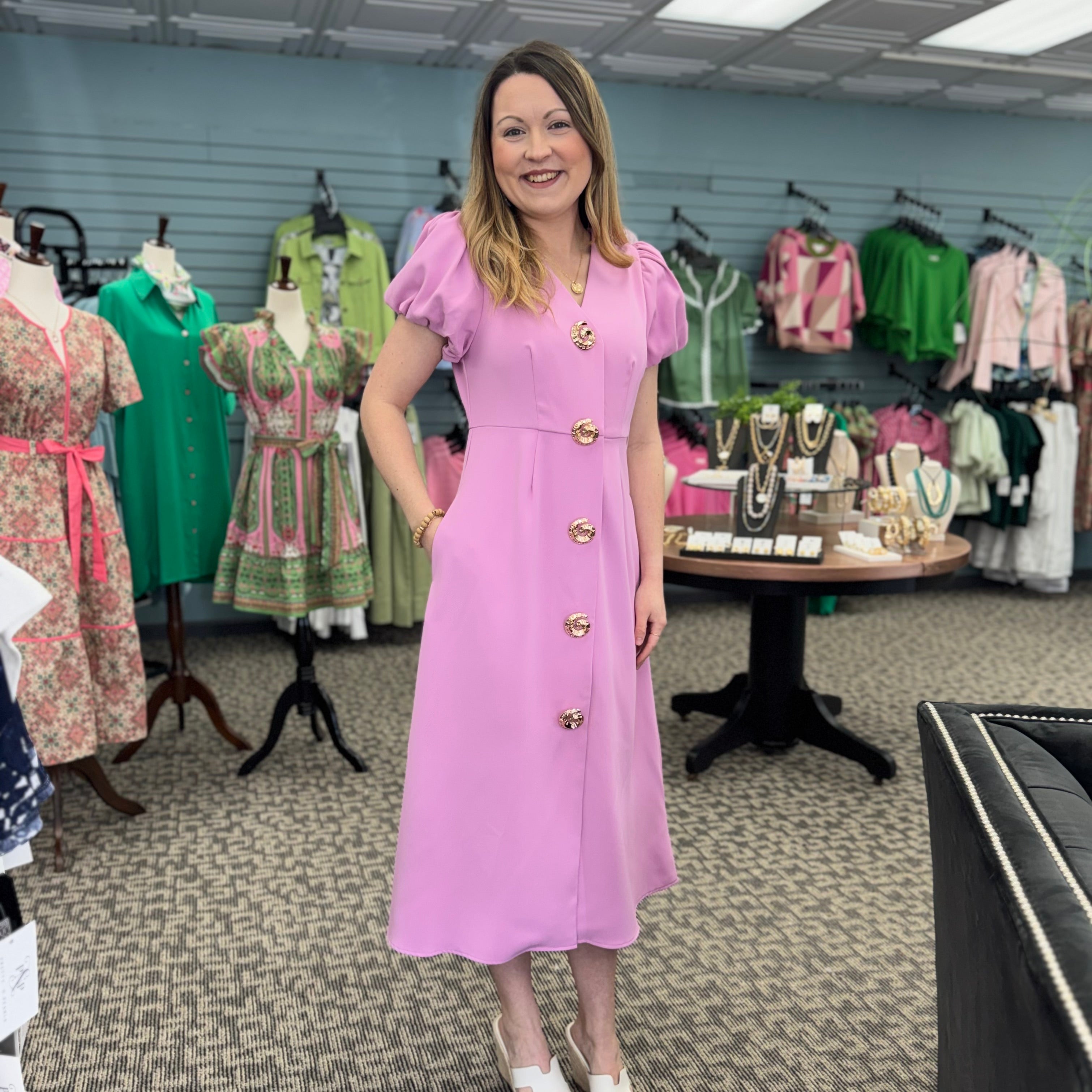 Puff Sleeve Button Front Dress