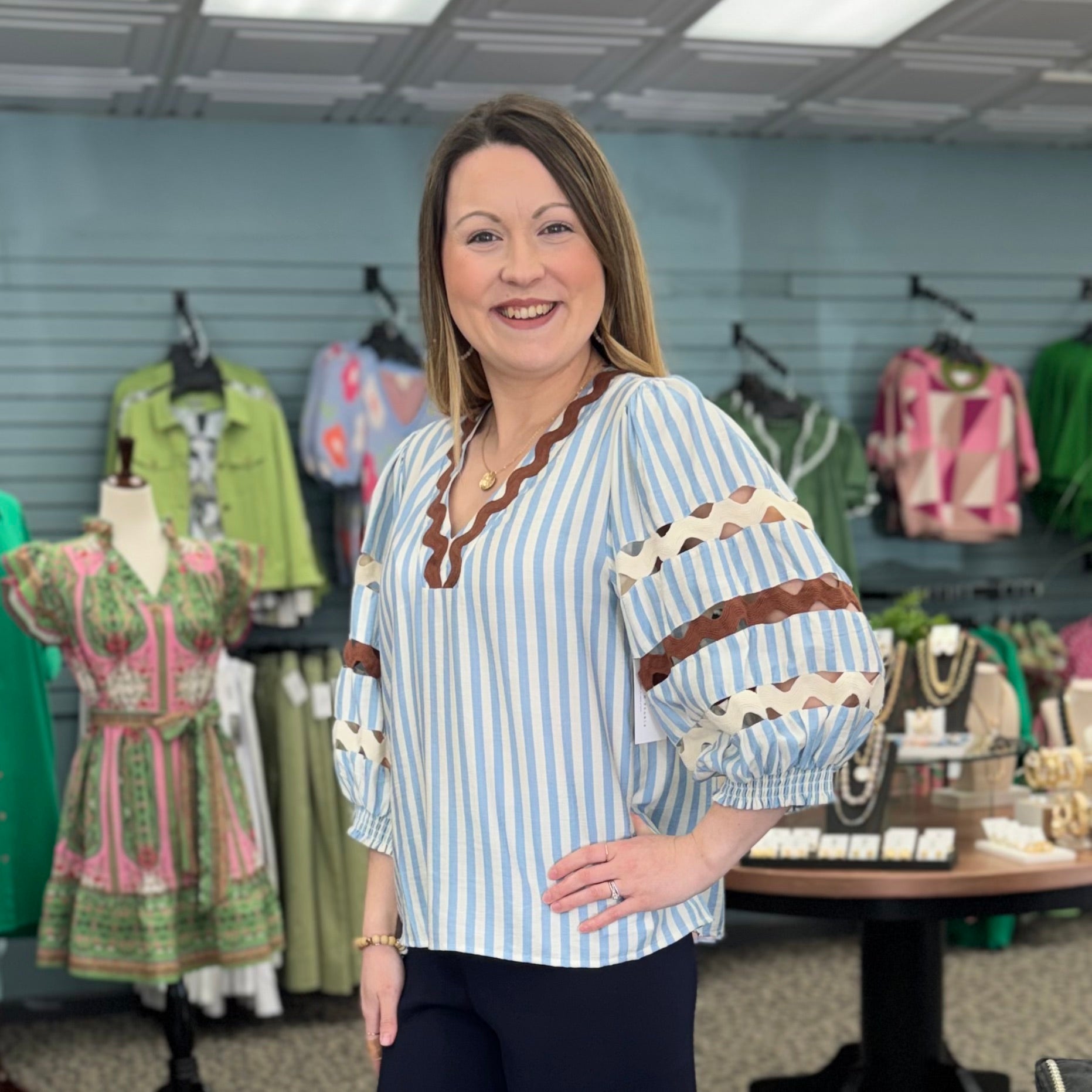 Puff Sleeve Striped V-Neck Top