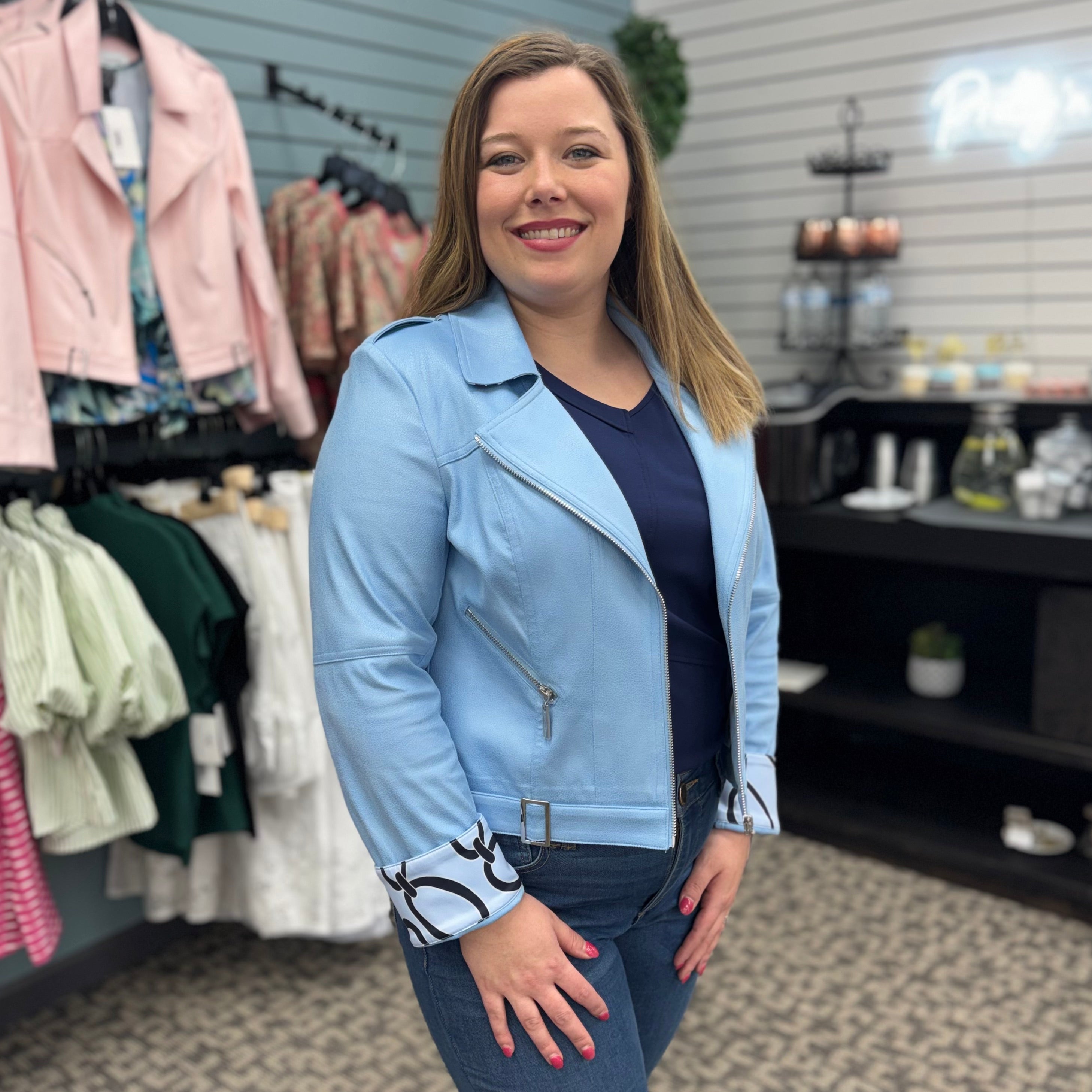 Foiled Faux Suede Fitted Jacket with Decorative Buckles