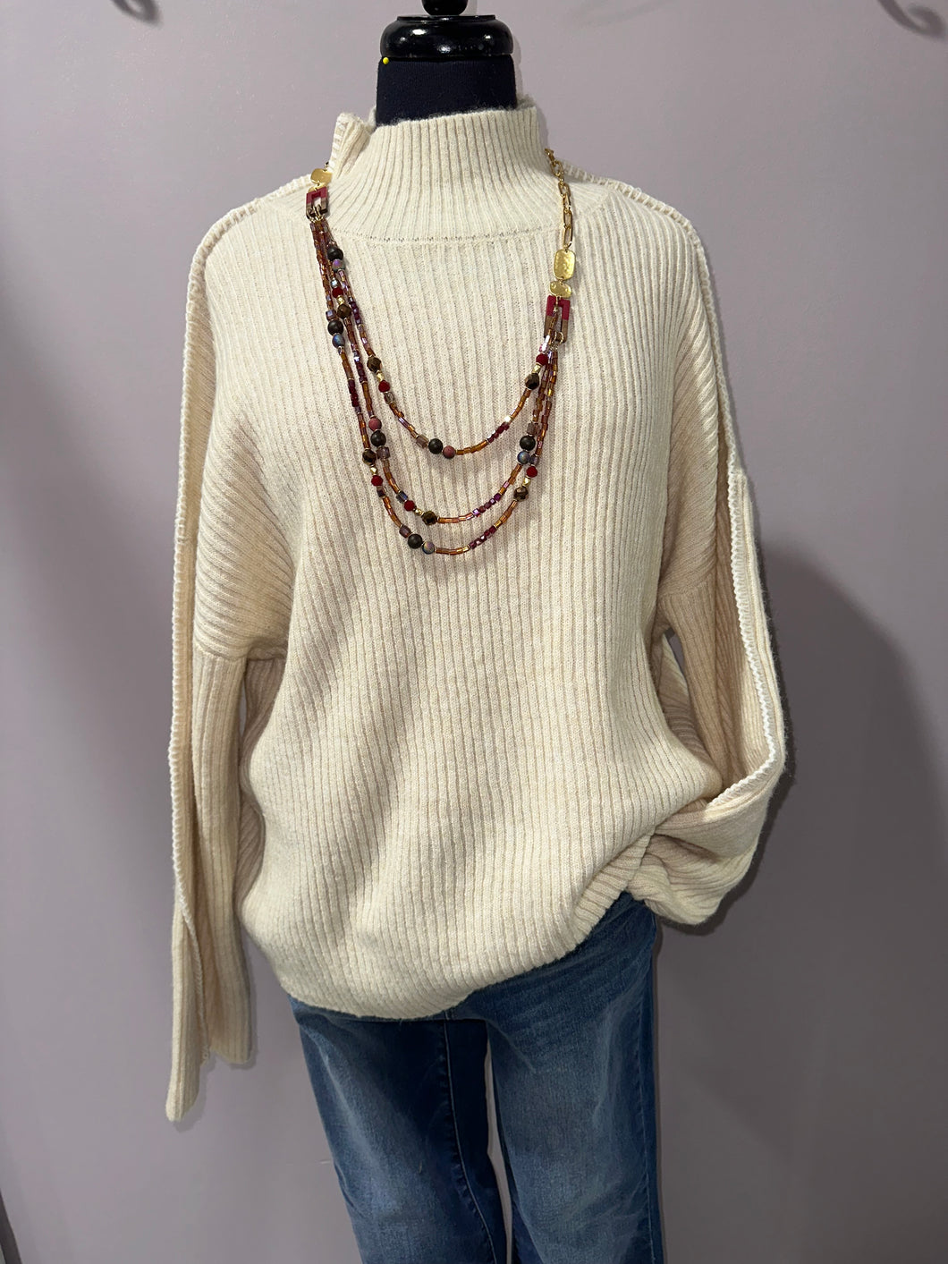Mock Neck Ribbed Sweater with Sleeve Detail