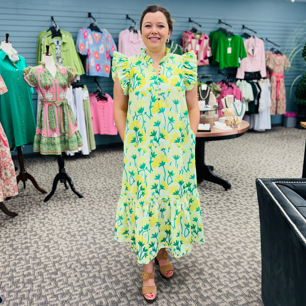 Floral Print Flutter Sleeve Midi Dress