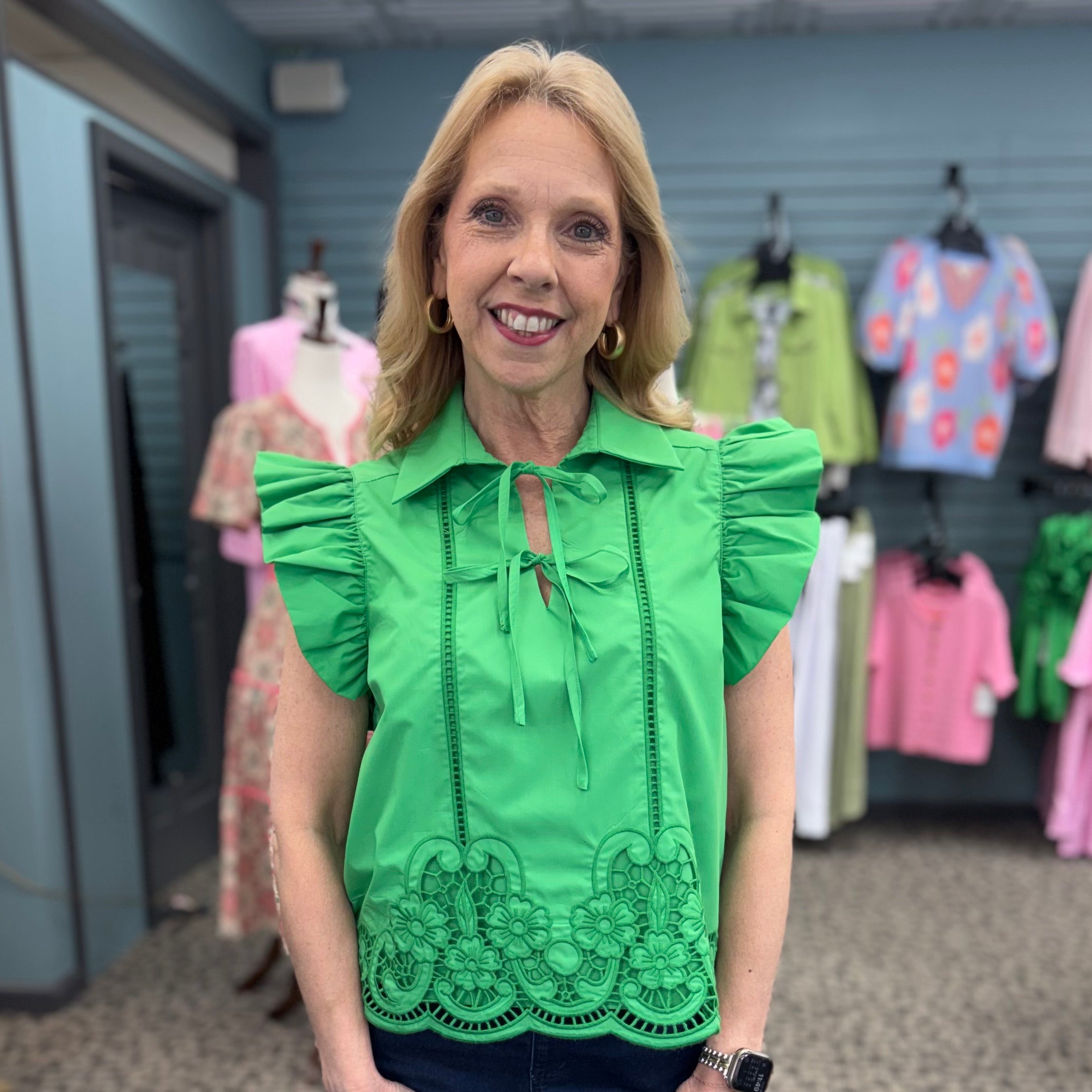 Collared Ruffle Sleeve Bow Tie Blouse with Eyelet Lace