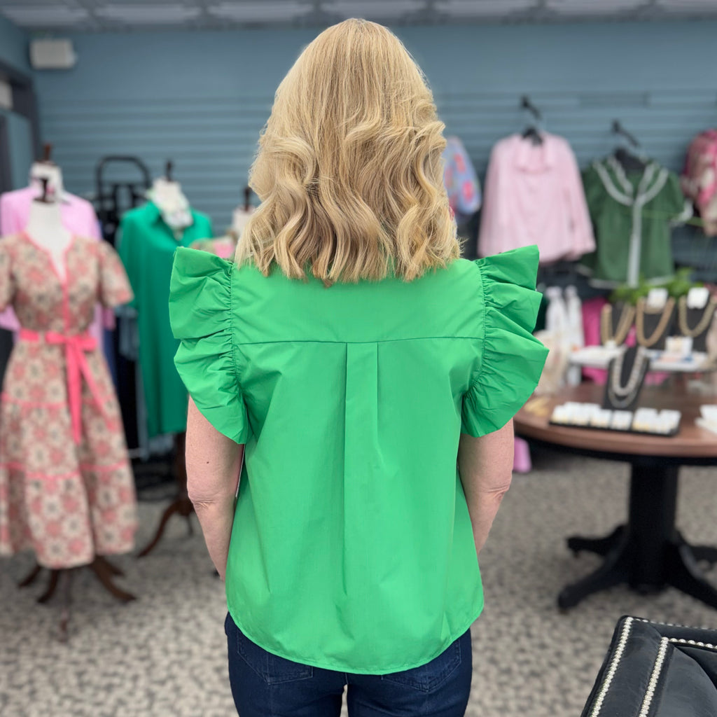 Collared Ruffle Sleeve Bow Tie Blouse with Eyelet Lace