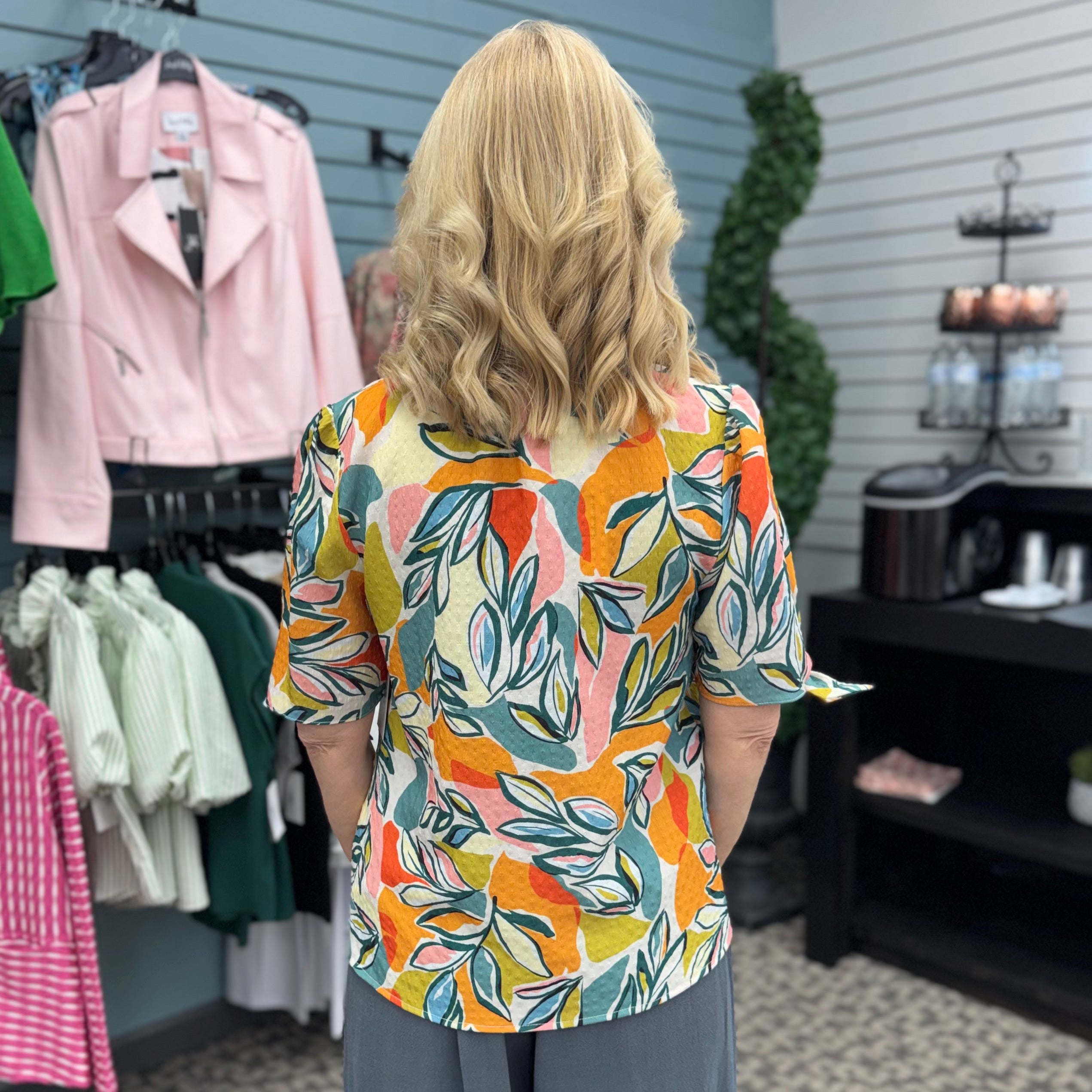 Leaf Print Top With Sleeve Tie