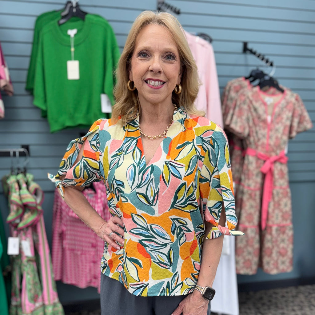 Leaf Print Top With Sleeve Tie