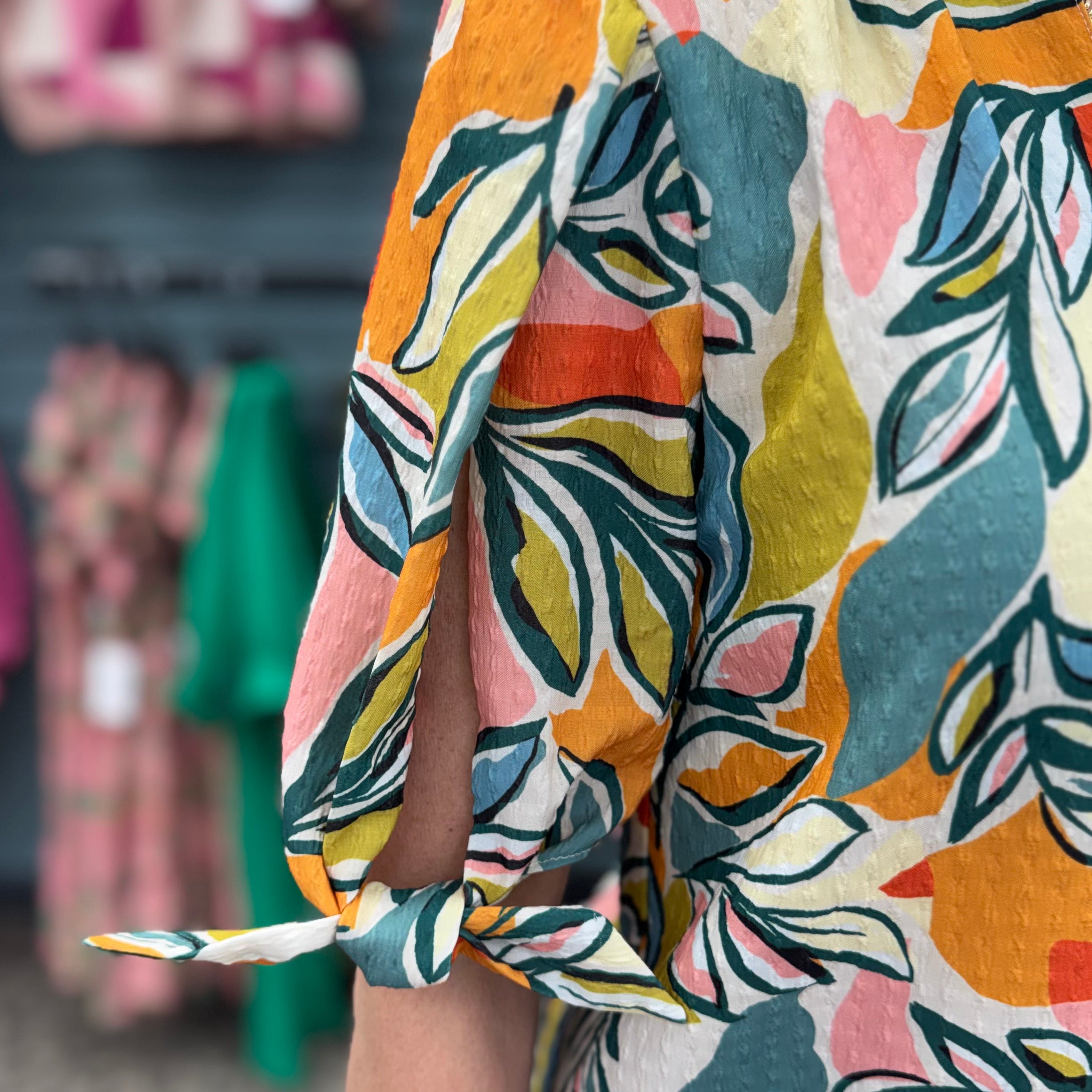Leaf Print Top With Sleeve Tie