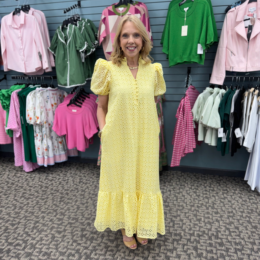 Eyelet Puff Sleeve Midi Dress