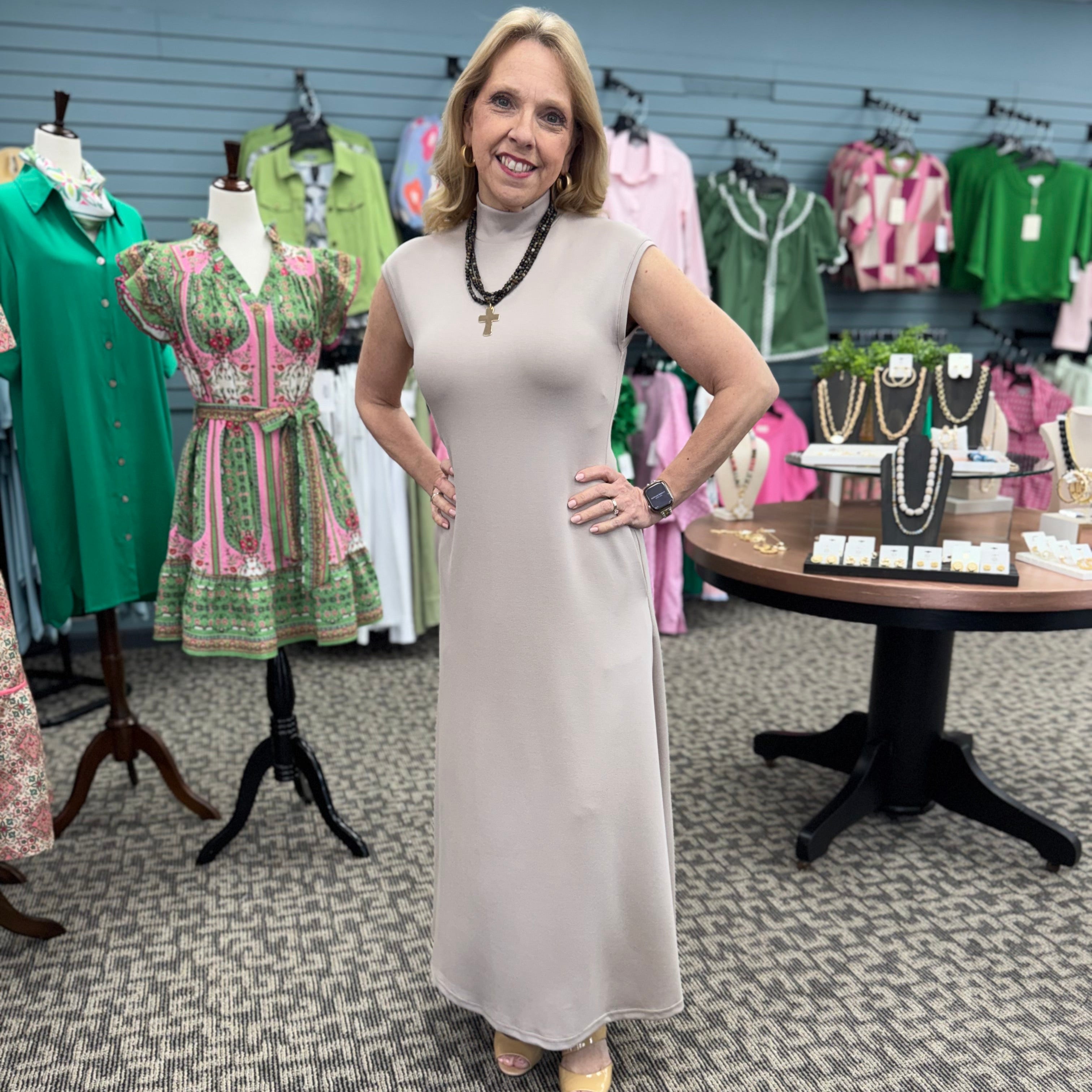 Solid Cap Sleeve Mock Neck Midi Dress