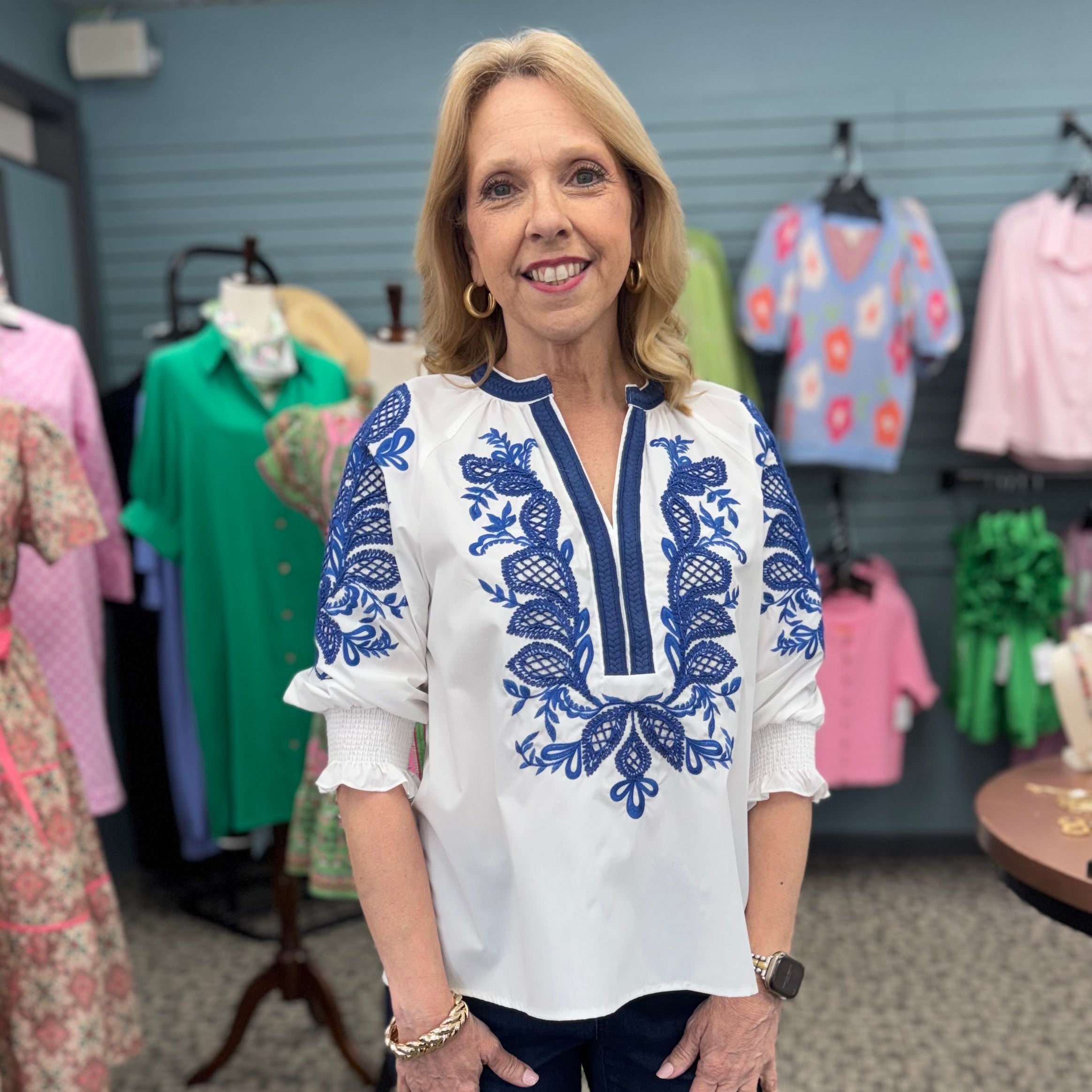 Solid Embroidered 3/4 Sleeve Top