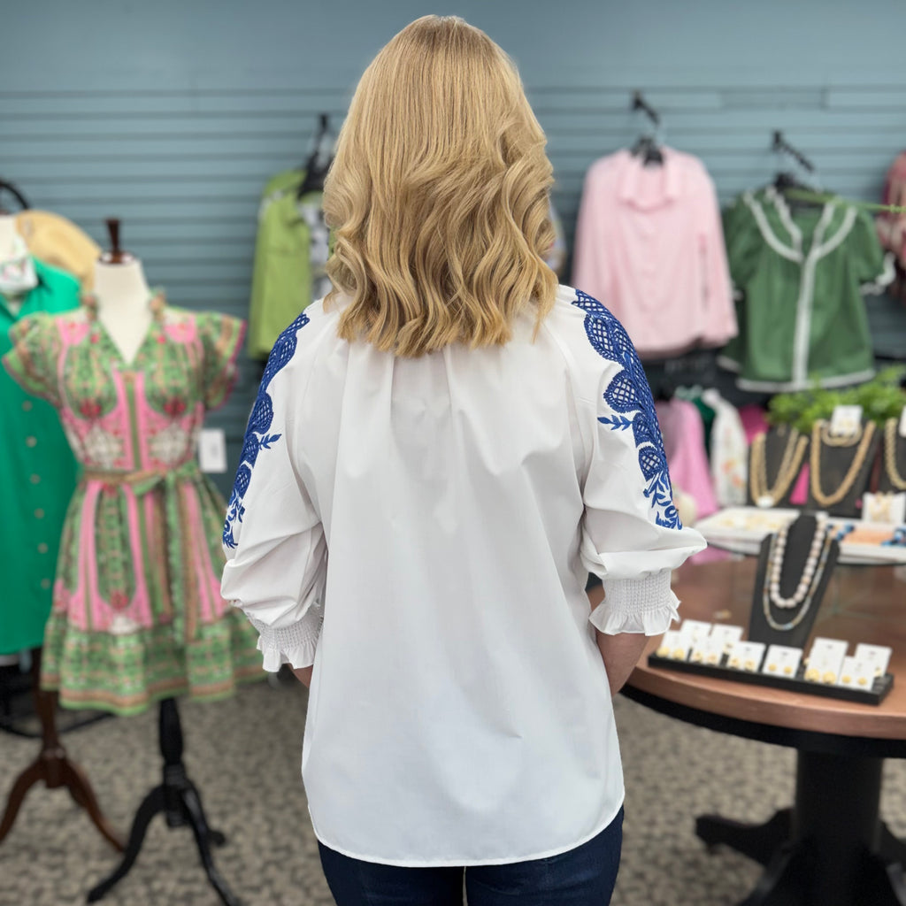 Solid Embroidered 3/4 Sleeve Top