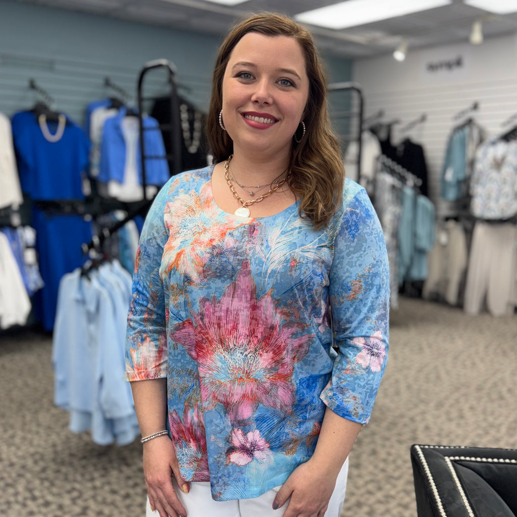 Floral Scoop Neck 3/4 Sleeve Top