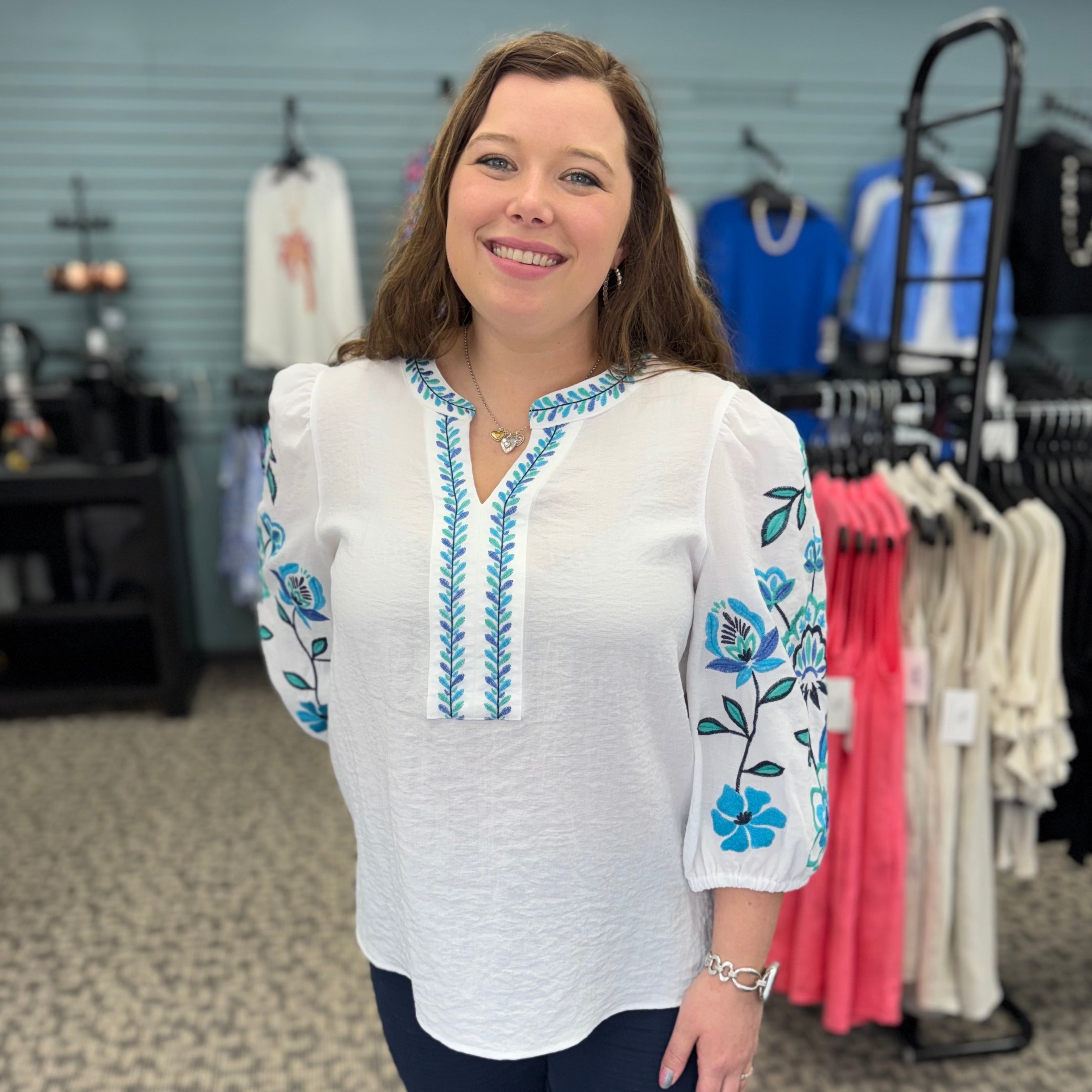 3/4 Puff Sleeve Notch Neck Band Neck Top
