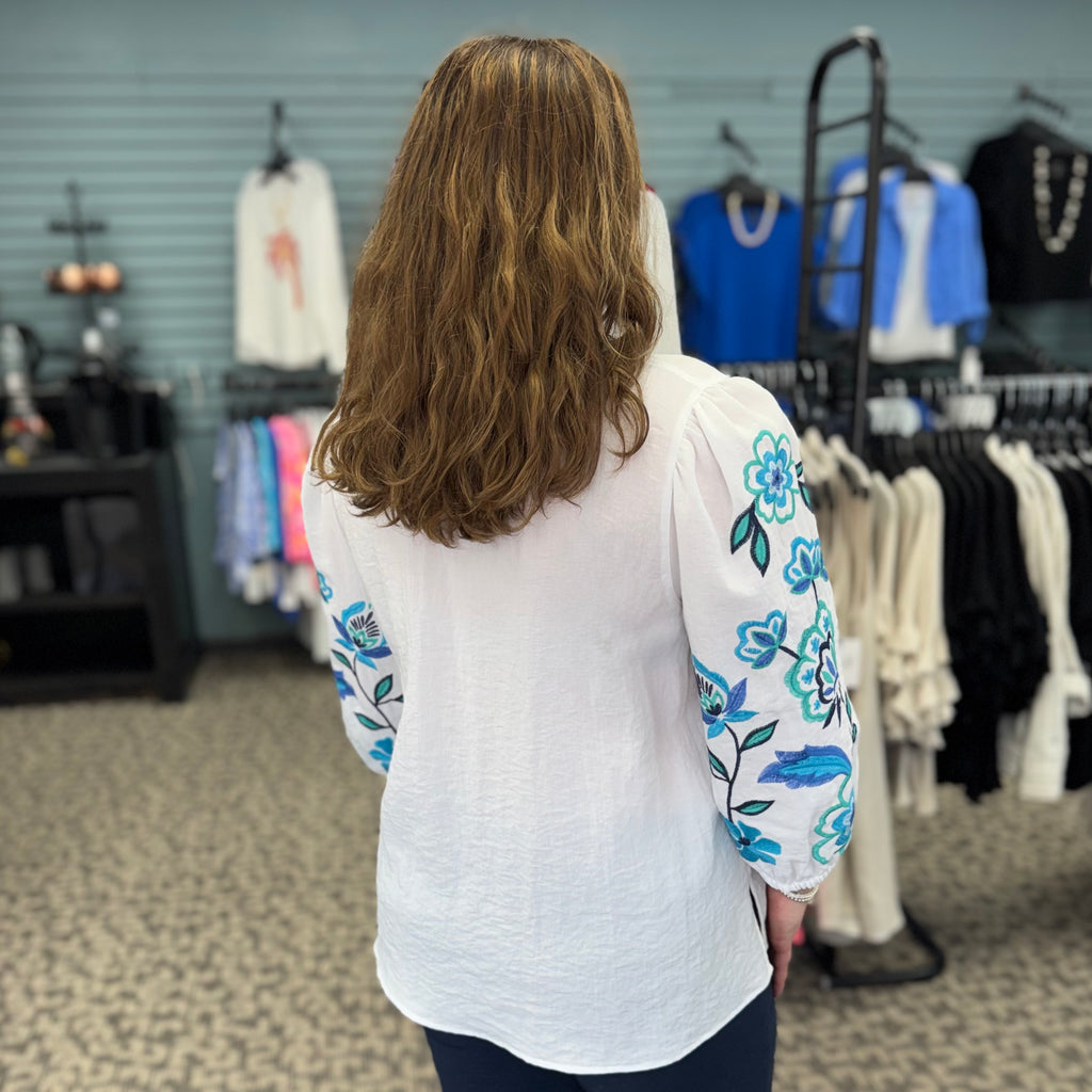 3/4 Puff Sleeve Notch Neck Band Neck Top