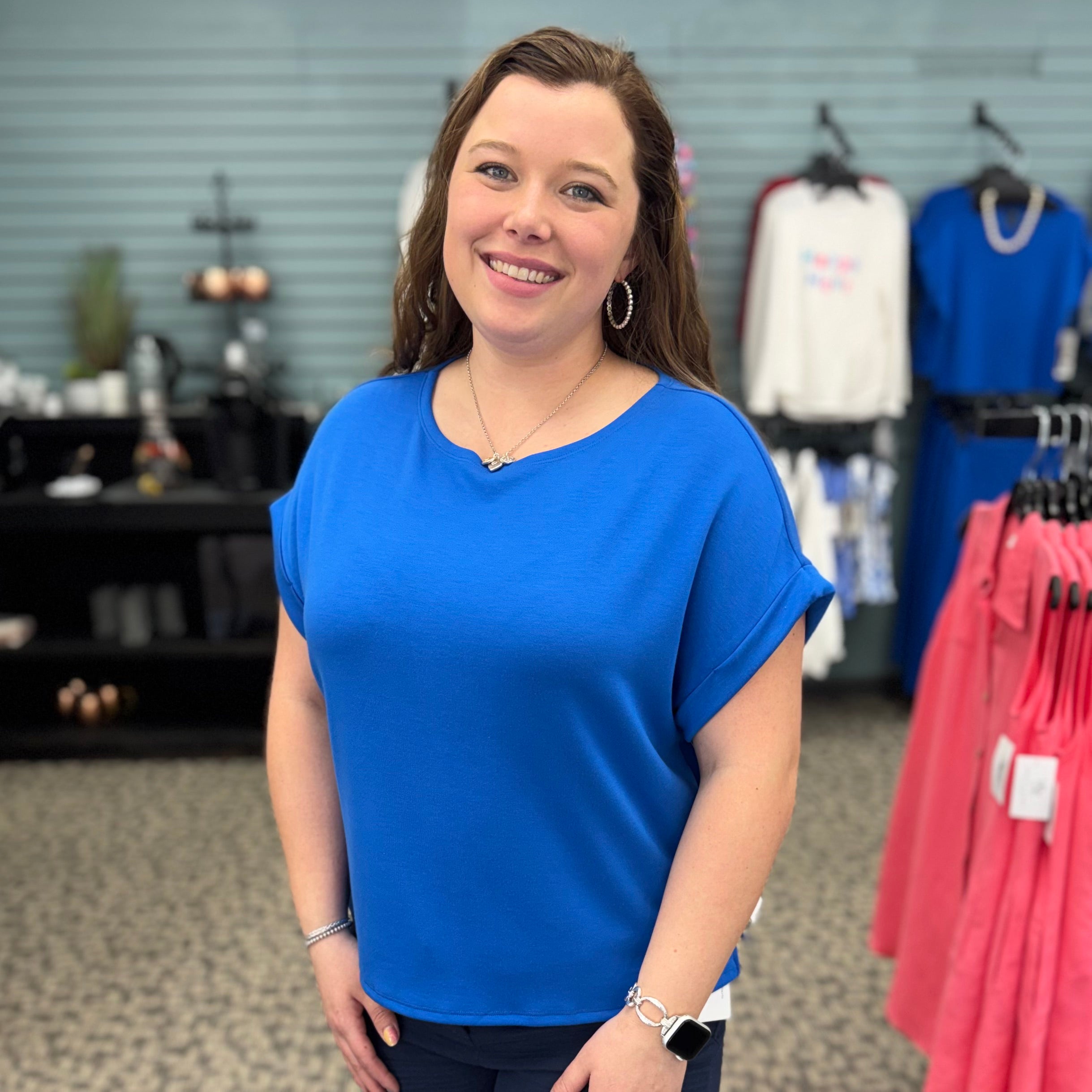 Rolled Cuff Short Sleeve Dolman Wide Neck Top