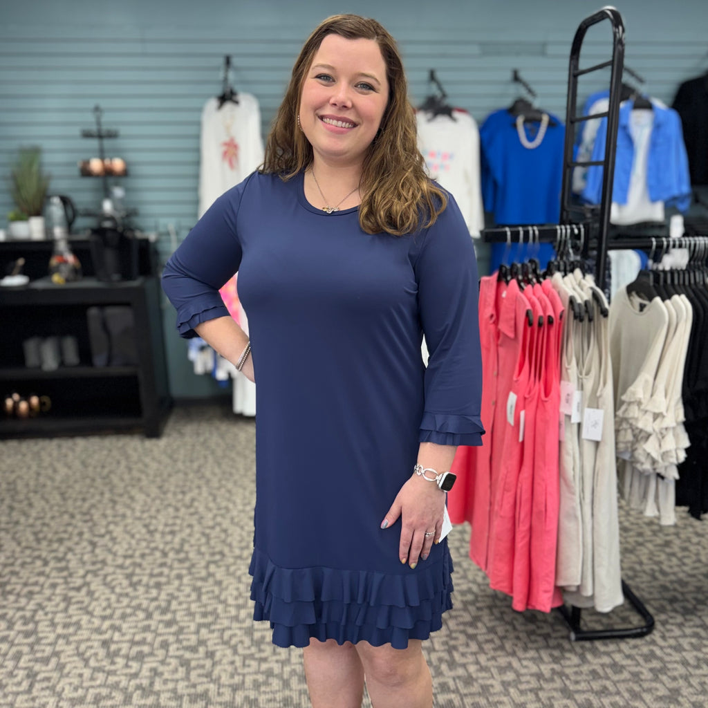 3/4 Sleeve Ruffle Trim Dress
