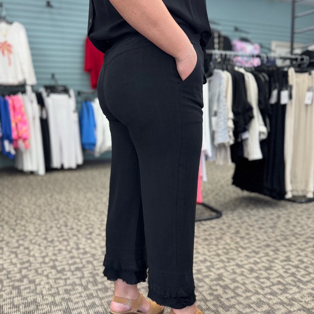 Drawstring Elastic Waist Double Ruffle Hem Crop Pant