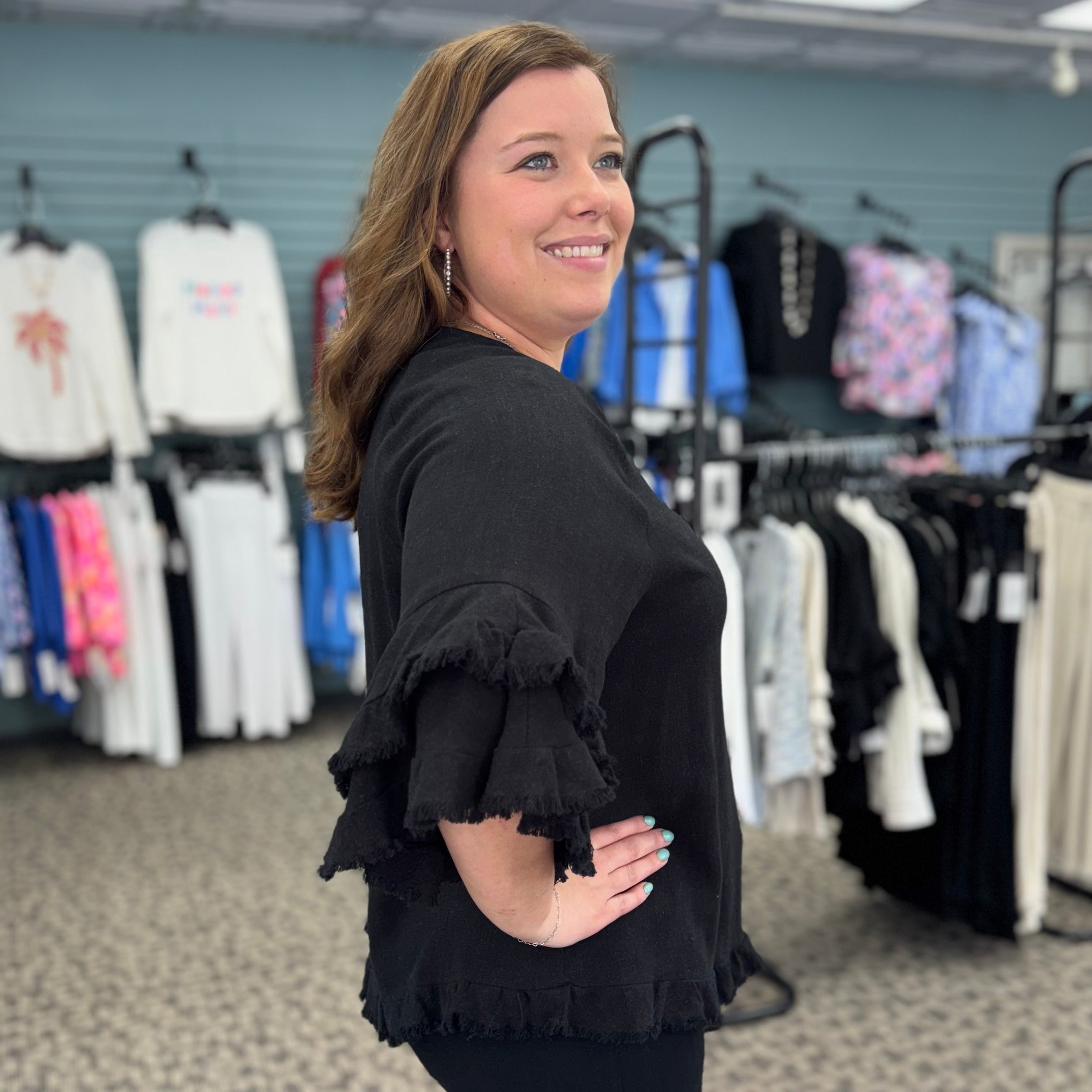 Double Flounce Raglan Sleeve Fringe Hem Top