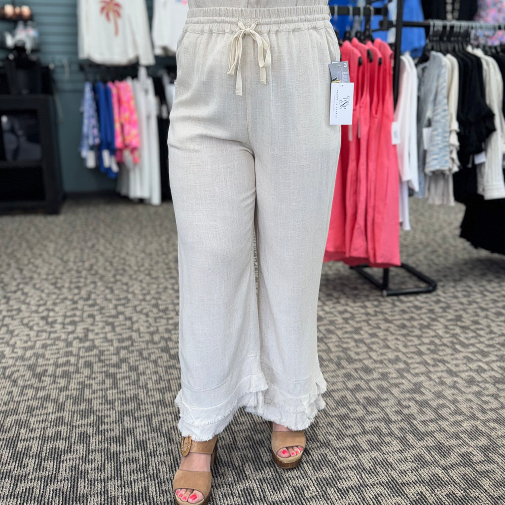 Drawstring Elastic Waist Double Ruffle Hem Crop Pant
