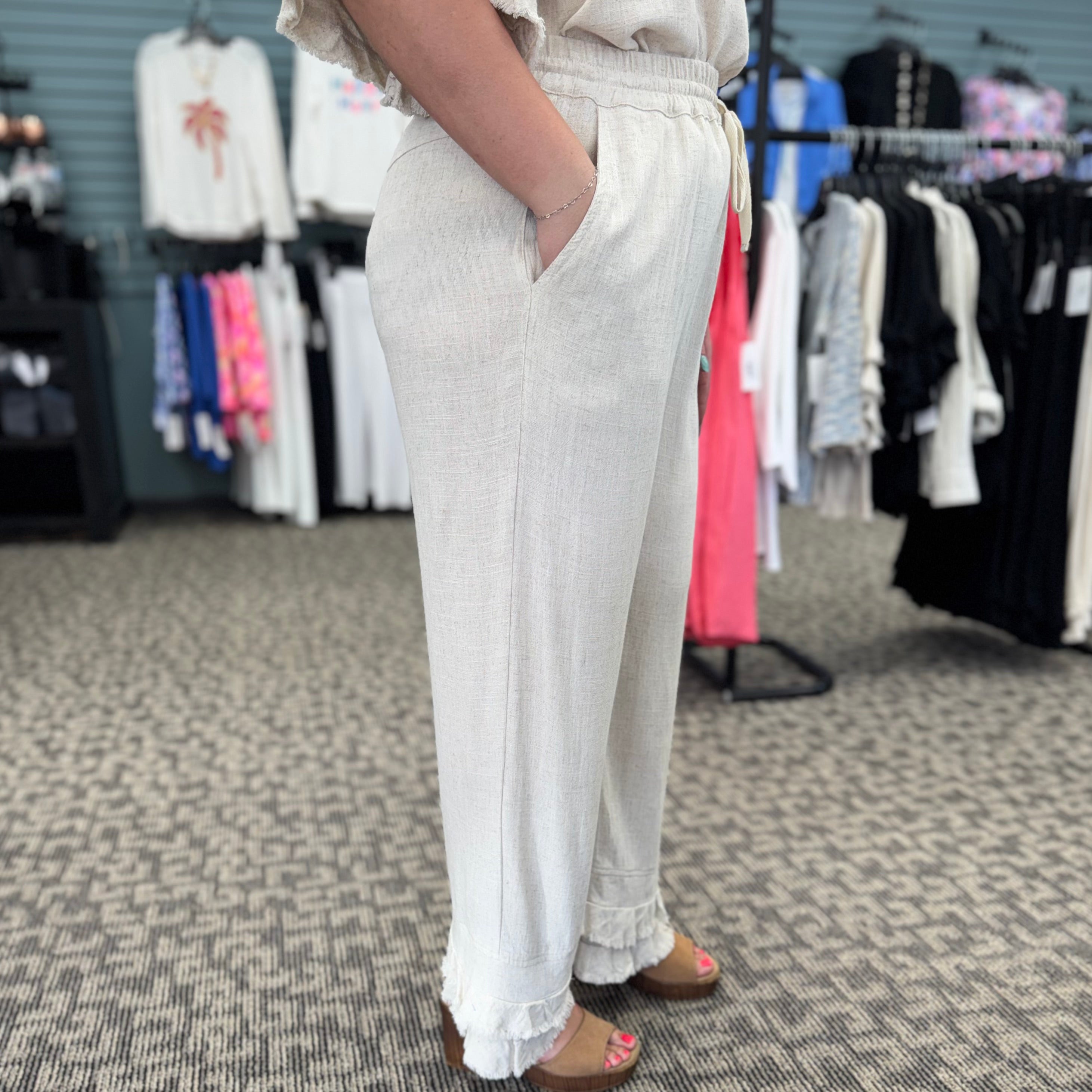 Drawstring Elastic Waist Double Ruffle Hem Crop Pant