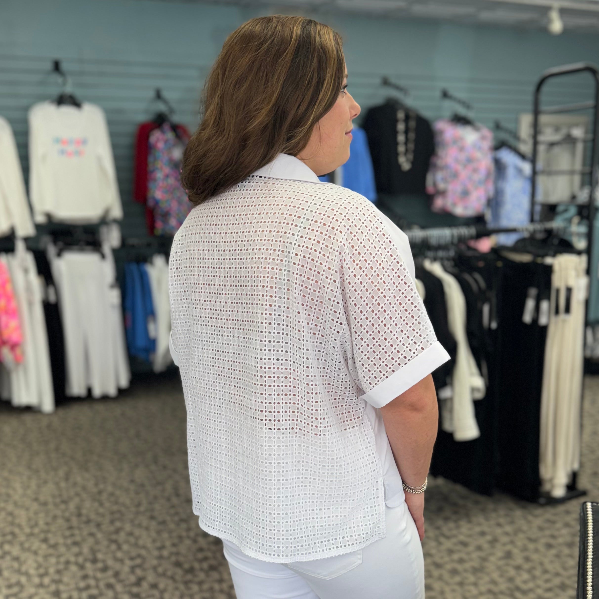 Renuar V-Neck Collared Blouse with Crocheted Back