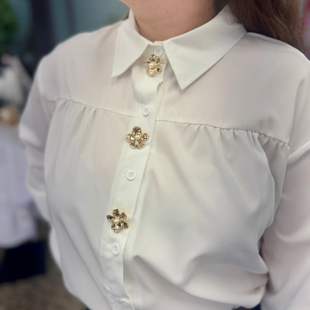 Flower Metal Charm Button Up Loose Blouse