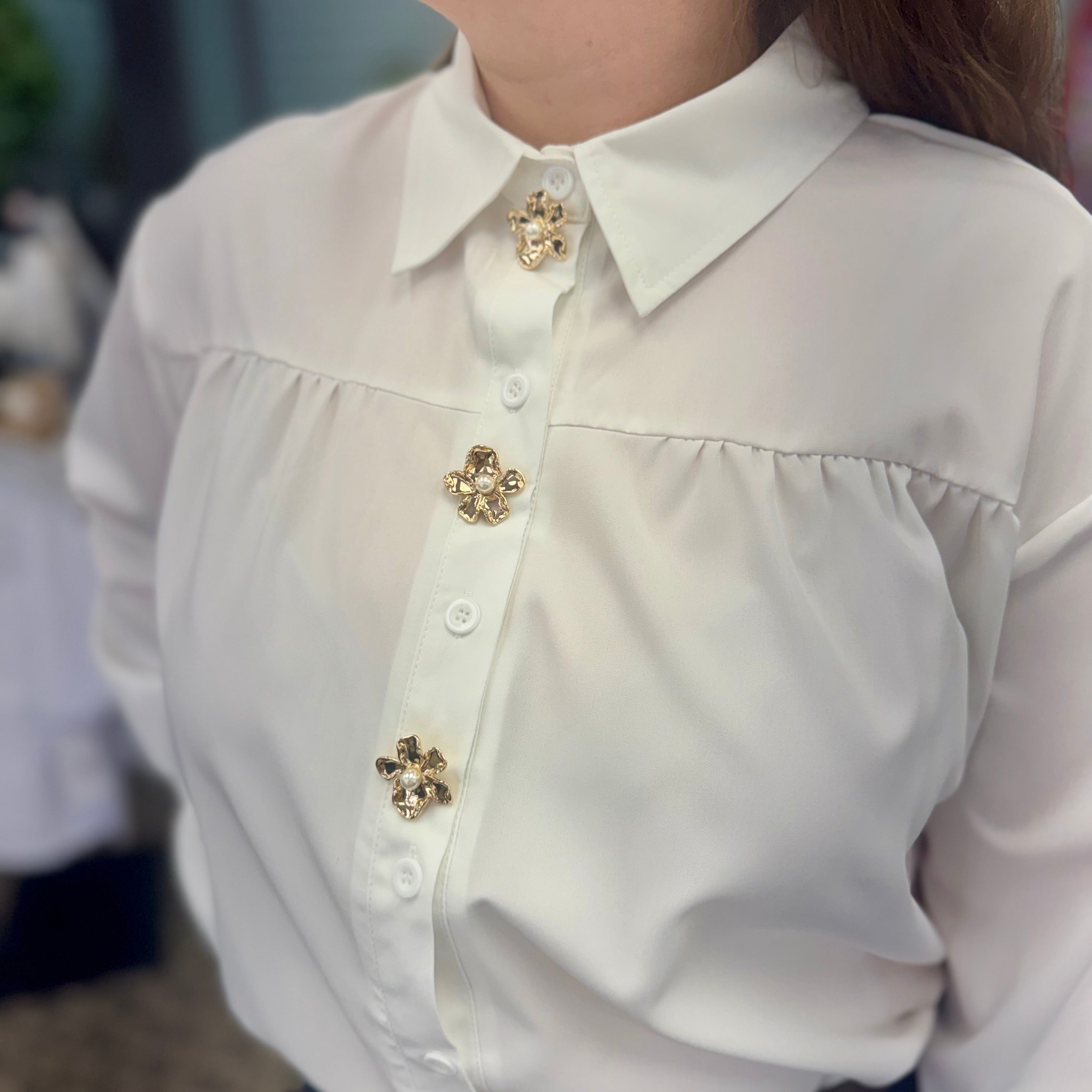 Flower Metal Charm Button Up Loose Blouse